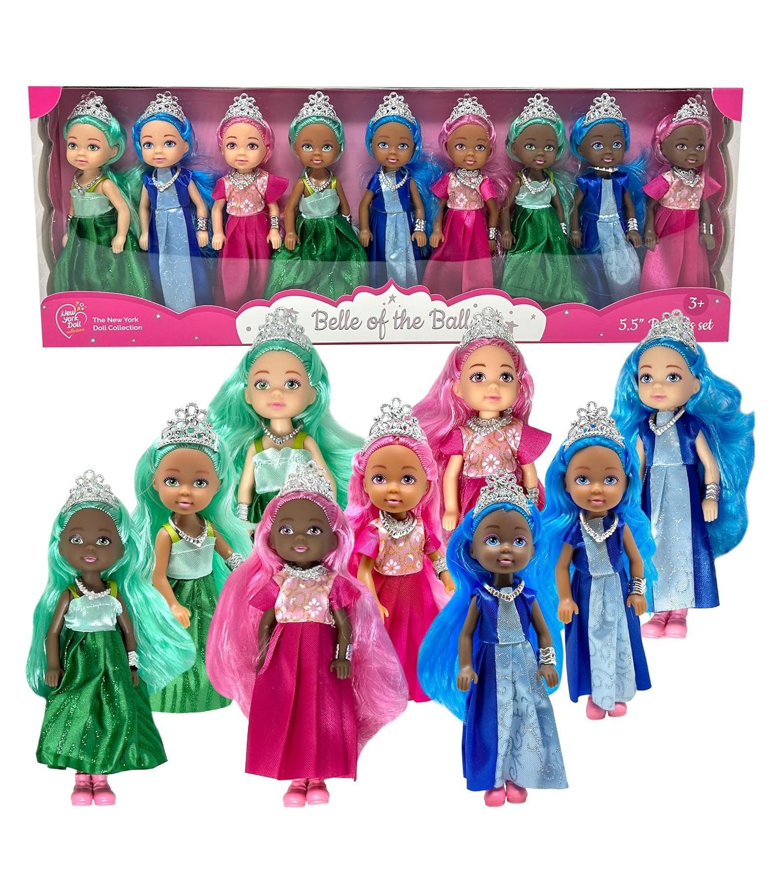 The New York Doll Collection Princess Dolls 5.5" Posable Mini Dolls, 9-Piece Set, Ages 3+