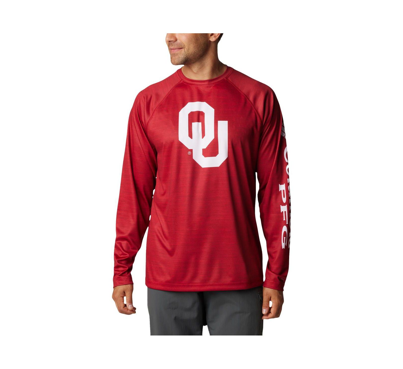Men's Columbia Crimson Oklahoma Sooners PFG Terminal Tackle Omni-Shade Raglan Long Sleeve T-shirt