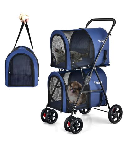 4-in-1 Double Pet Stroller with Detachable Dog Cat Carriers Travel Carriage 17 lbs Per Bag Capacity
