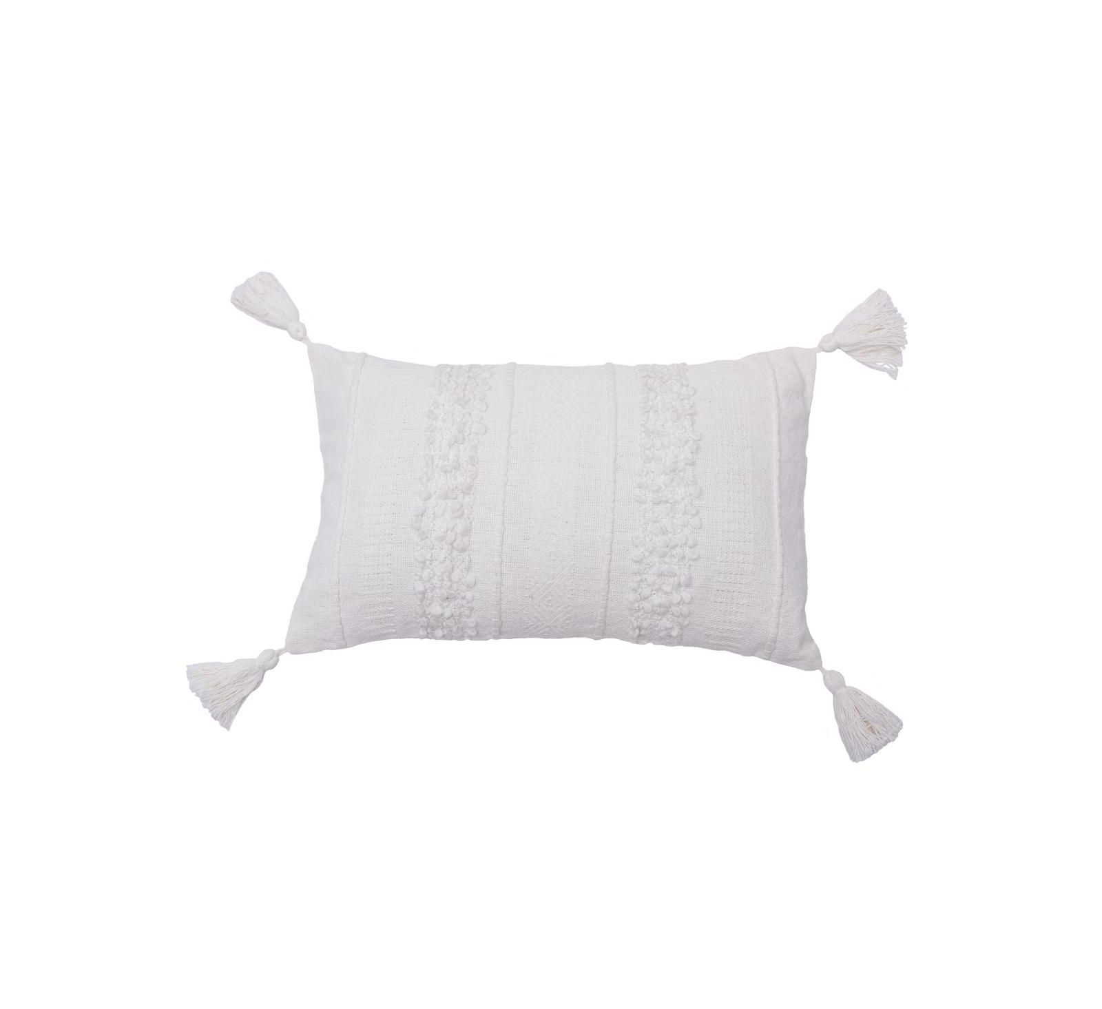 Barton Ivory White Striped Throw Pillow, 14" x 22" w/ Tassels