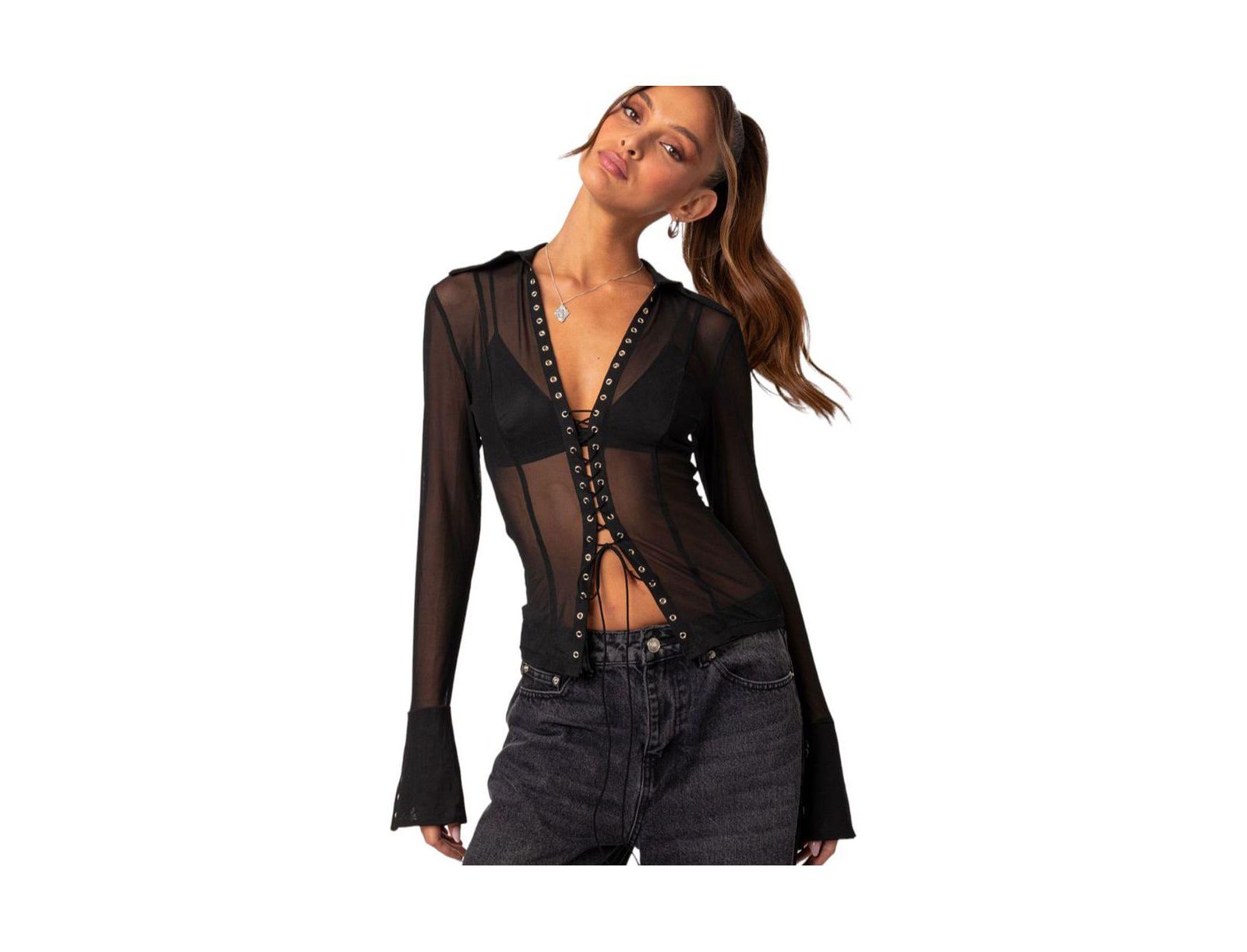 Women's Lace up sheer mesh top