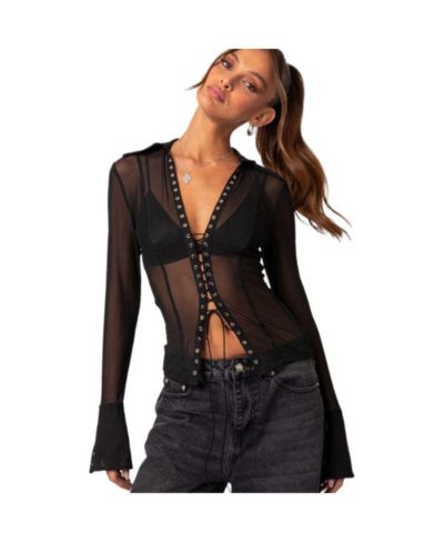 Women's Lace up sheer mesh top