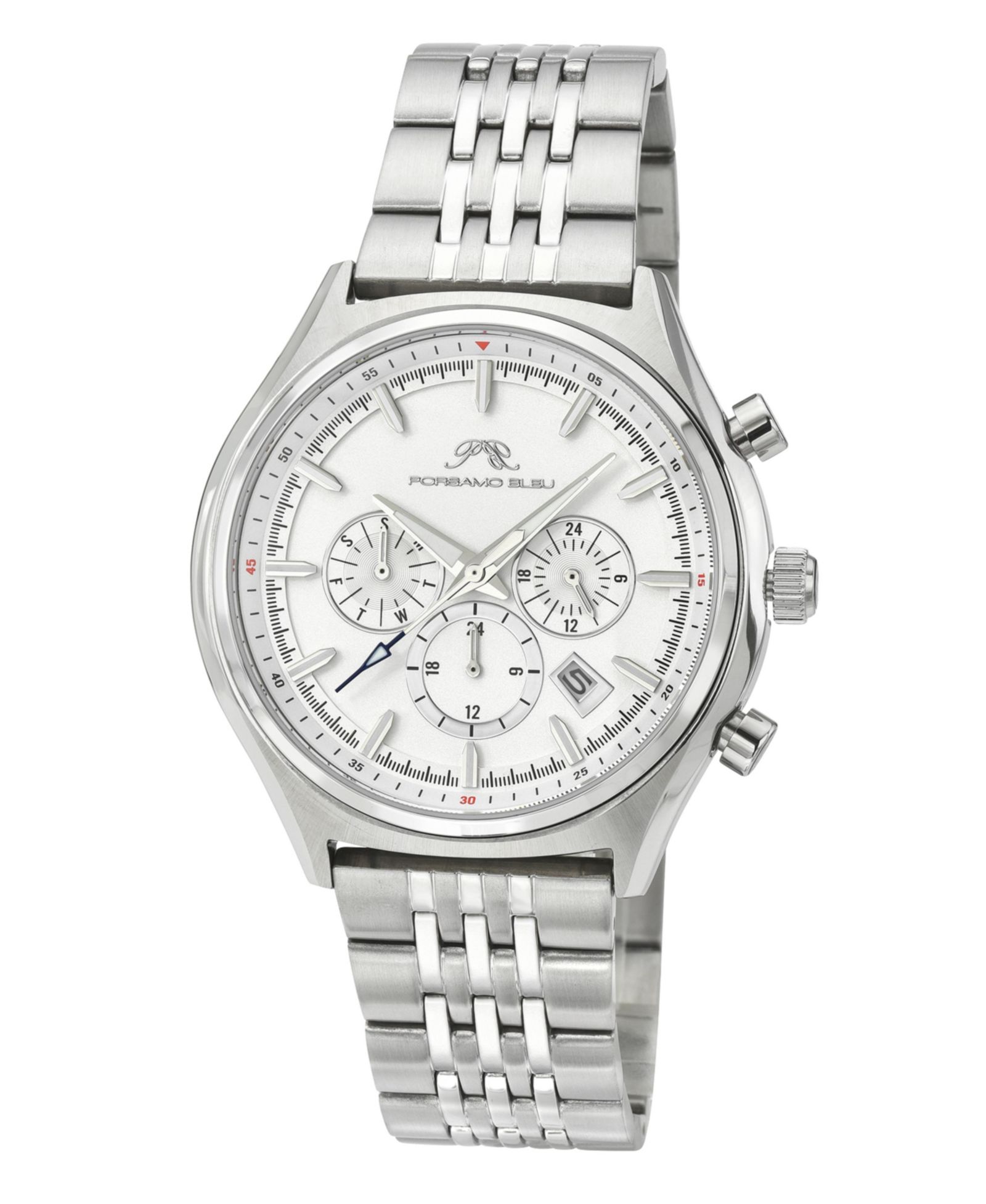 Porsamo Bleu Men's Charlie Multifunction Silver Tone Stainless Steel Bracelet Watch 45 mm