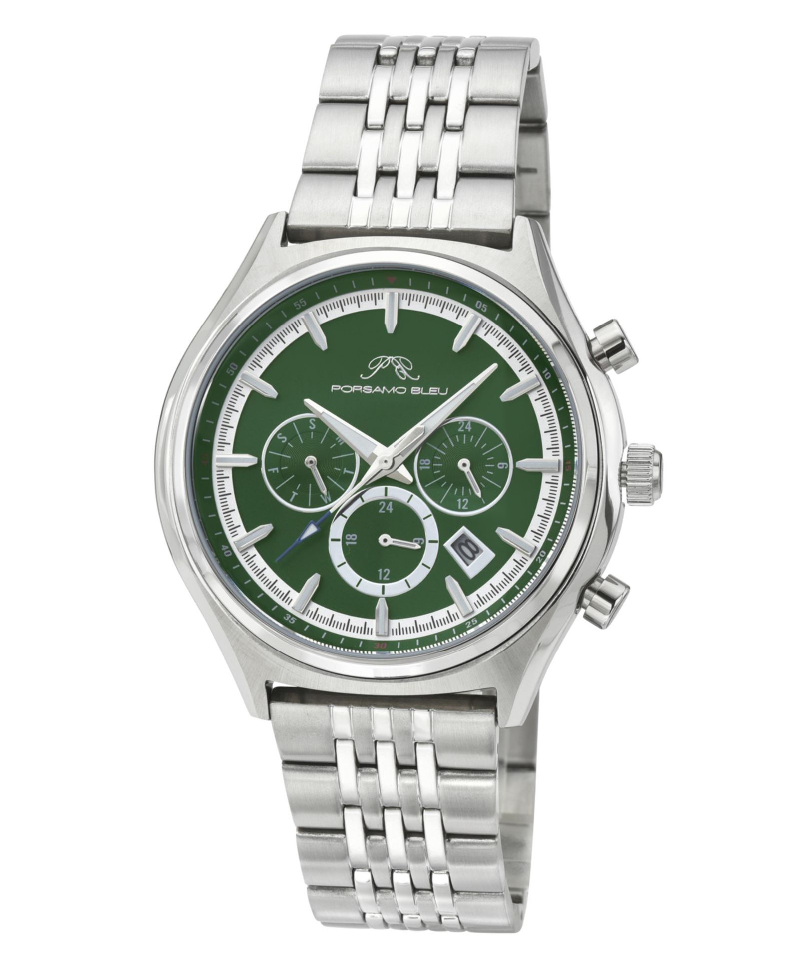 Мужские часы Porsamo Bleu Charlie Multifunction Silver Tone Stainless Steel с зеленым циферблатом 45 mm