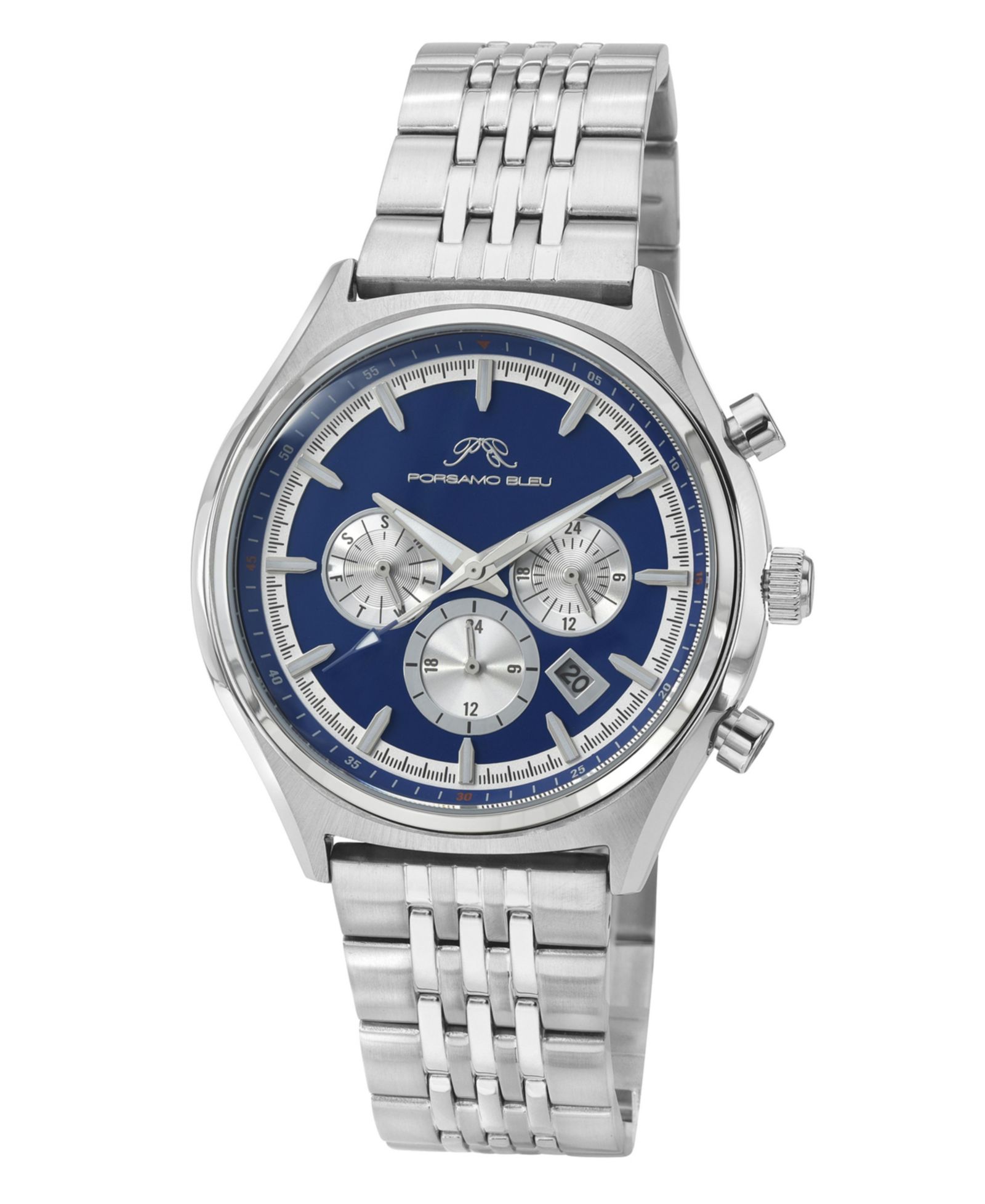 Часы Porsamo Bleu Men's Charlie Multifunction Silver Tone Stainless Steel с синим циферблатом 45 mm