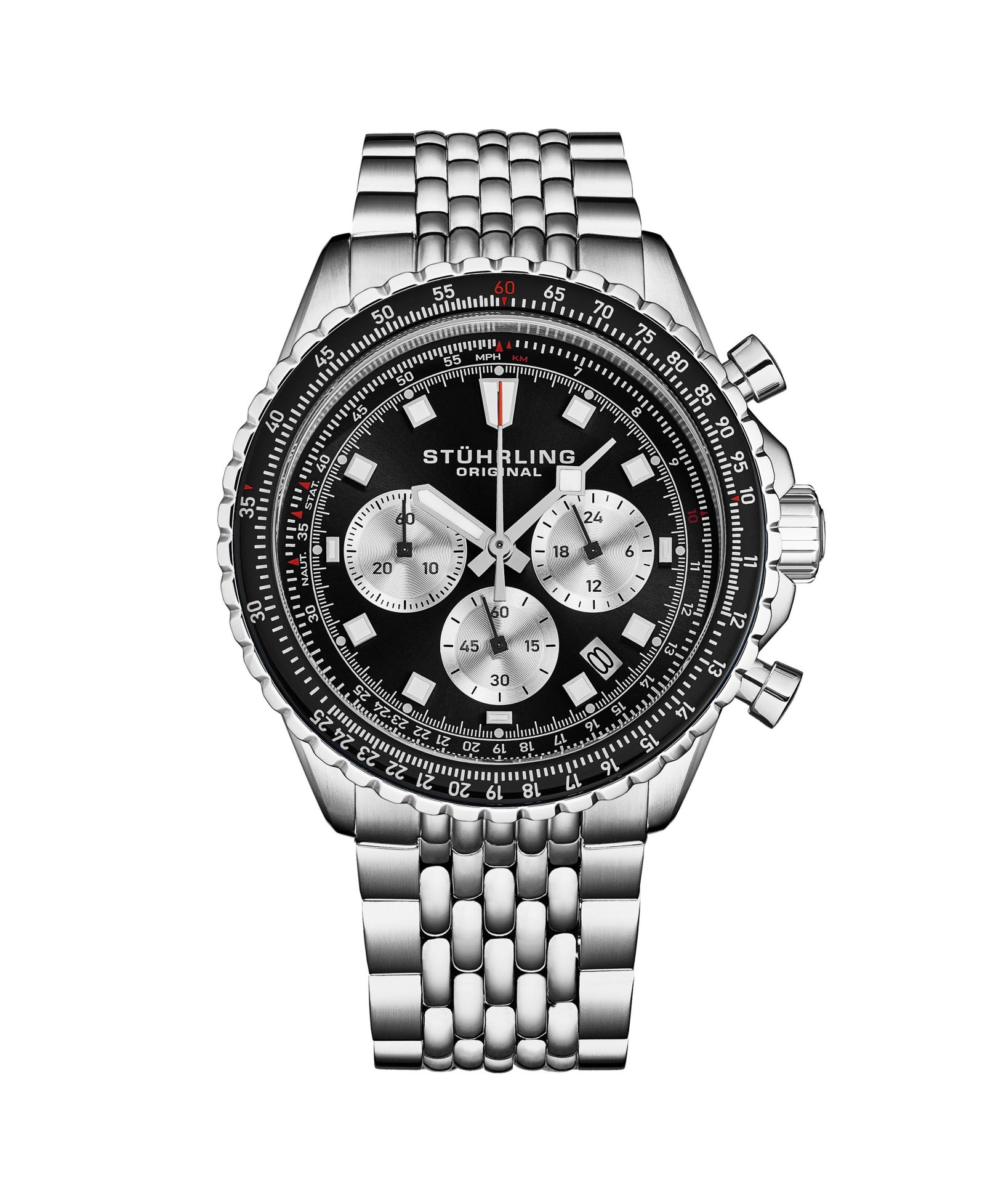 Stuhrling Men s RaceWay 1010 44mm Quartz Chronograph Watch, Black Dial with Silver Subdials, Tachymeter Bezel, Stainless Steel Bracelet