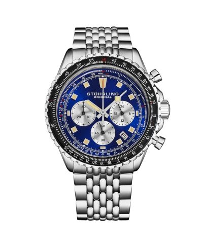 Stuhrling Мужской RaceWay 1010 44mm Quartz Chronograph Watch, Blue Dial with Silver Subdials, Tachymeter Bezel, Stainless Steel Bracelet