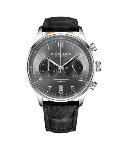Stuhrling GR1-Q 4012 Men s Chronograph Watch - Quartz Movement, 42mm Silver Case, Gunmetal Dial, Black Leather Strap