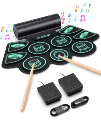 SUGIFT Kids Roll-Up Electronic Drum Set with Speakers, Headphone Jack & Foot Pedals - Green