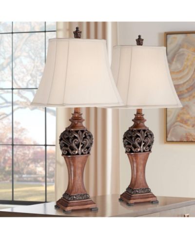 Набор из 2 настольных ламп Regency Hill Exeter Traditional, деревянные резные листья, прямоугольный абажур