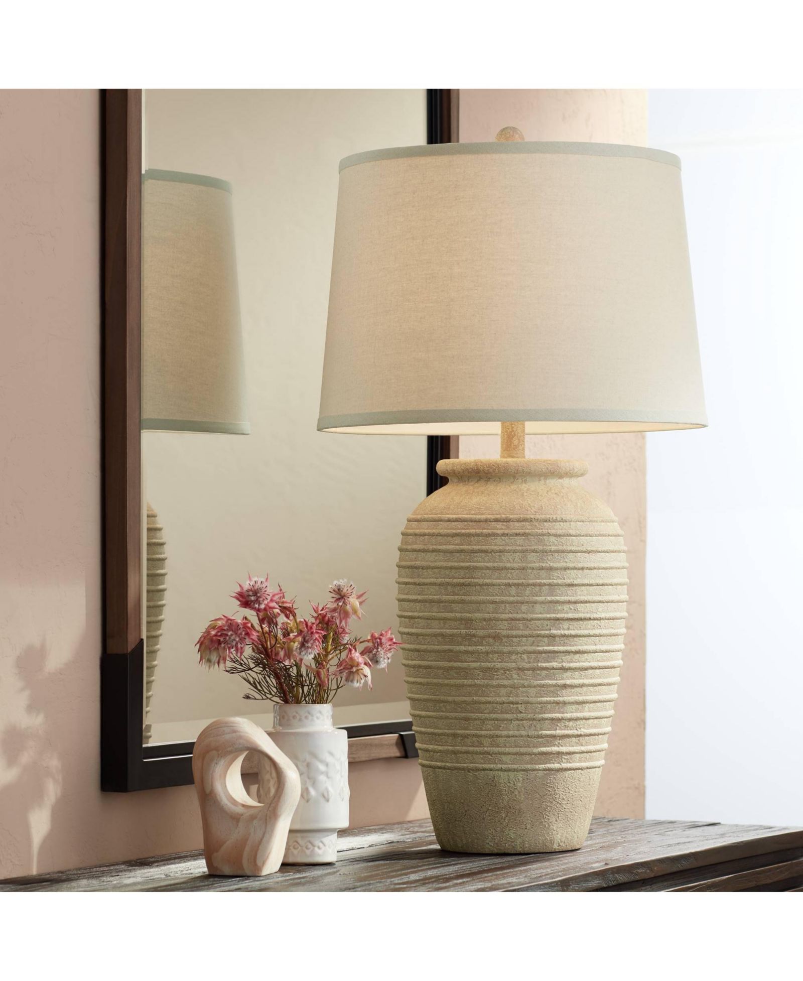 John Timberland Austin Rustic Table Lamp 28" Tall Sand Toned Linen Drum Shade for Bedroom Living Room Bedside Nightstand Office Kids Family Home