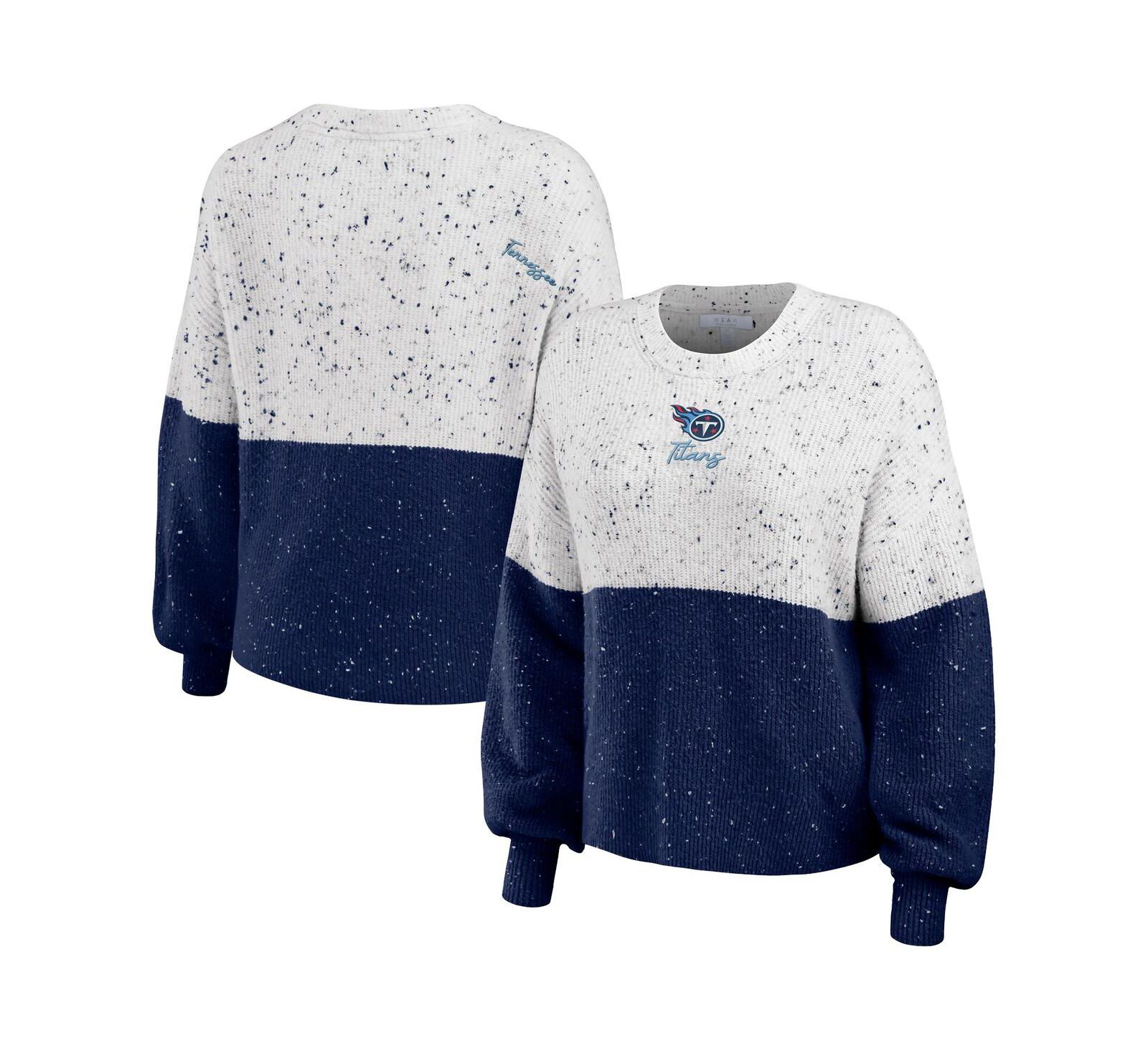 Женское WEAR by Erin Andrews White, Navy Tennessee Titans Color-Block Pullover Sweater