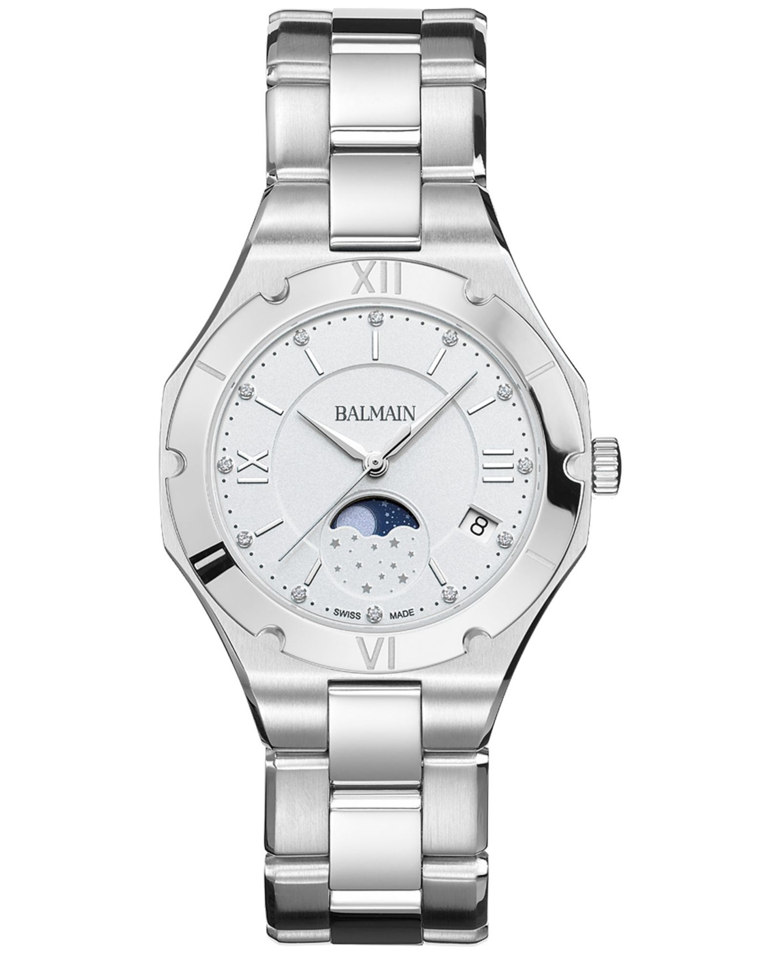 Женские наручные часы Balmain Moonphase Diamond (1/20 ct. t.w.), сталь, 33mm