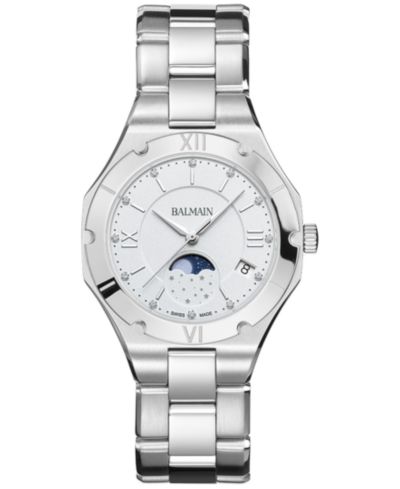 Balmain Women's Swiss Be Balmain Moonphase Diamond (1/20 ct. t.w.) Stainless Steel Bracelet Watch 33mm