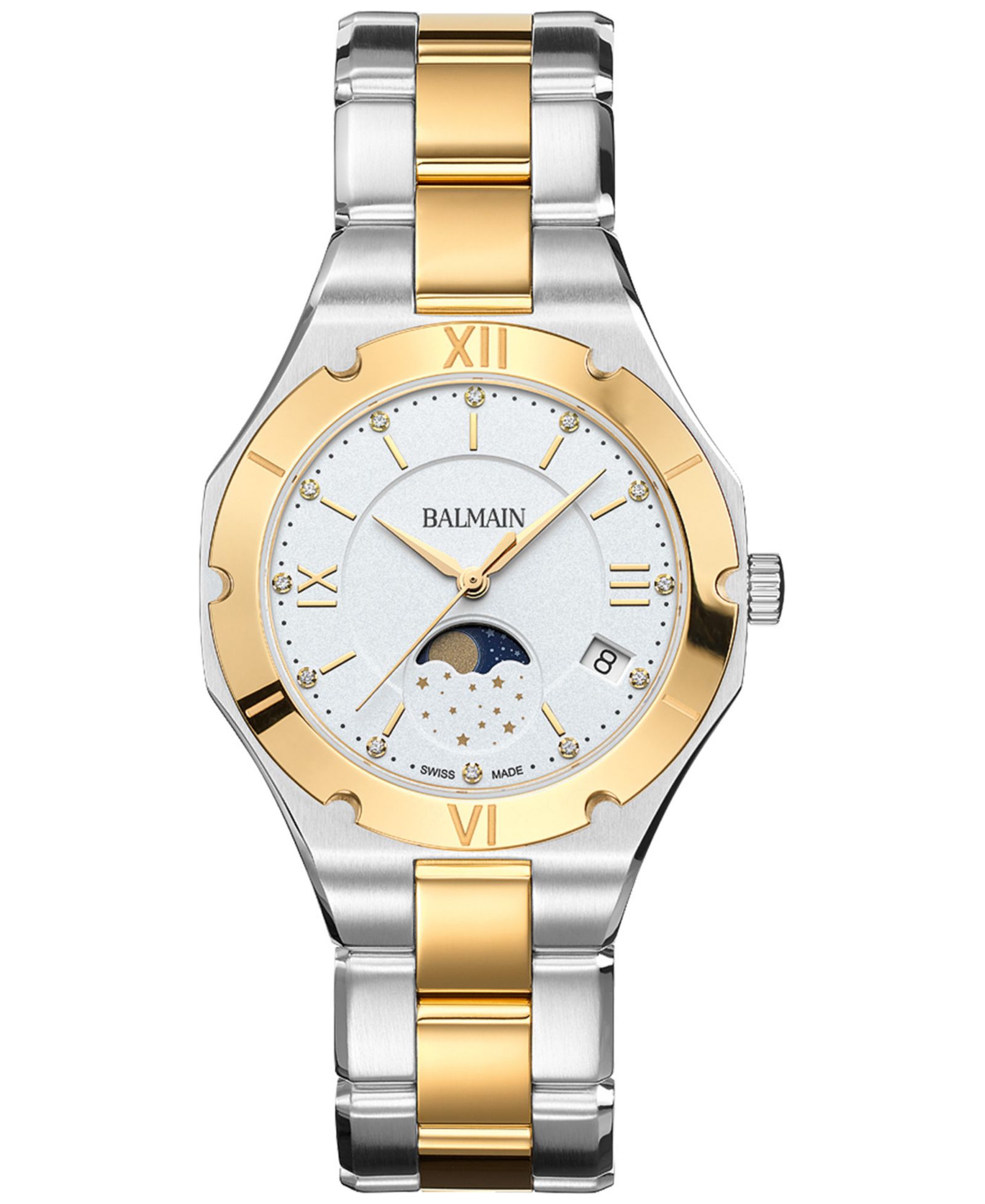 Balmain Women's Swiss Be Balmain Moonphase Diamond (1/20 ct. t.w.) Two-Tone Stainless Steel Bracelet Watch 33mm
