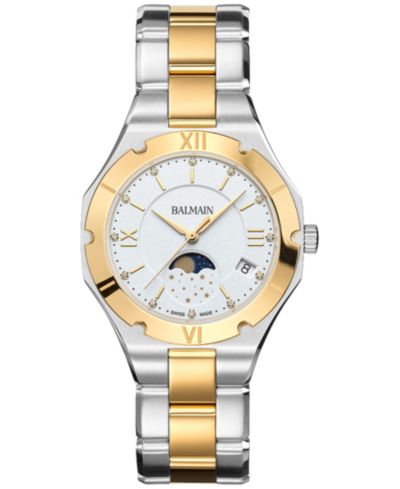 Balmain Women's Swiss Be Balmain Moonphase Diamond (1/20 ct. t.w.) Two-Tone Stainless Steel Bracelet Watch 33mm
