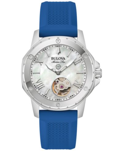 Bulova Женские автоматические часы Marine Star с синим силиконовым ремешком 35mm