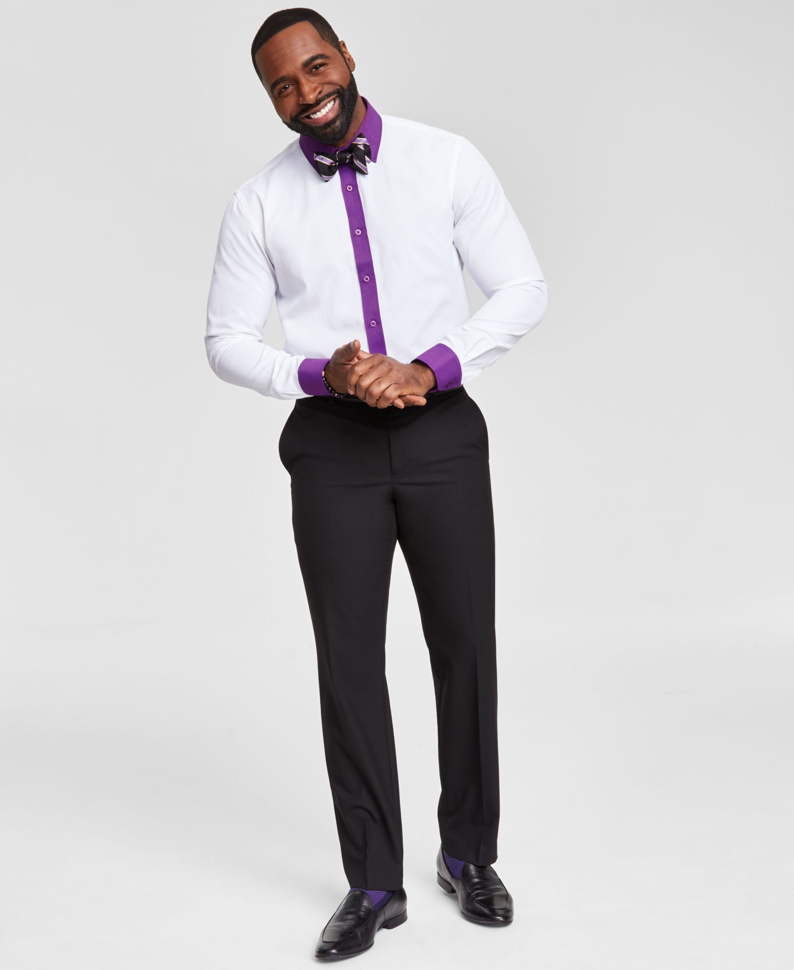 Tayion Collection Men's Slim-Fit Purple Trim Solid Dress Shirt