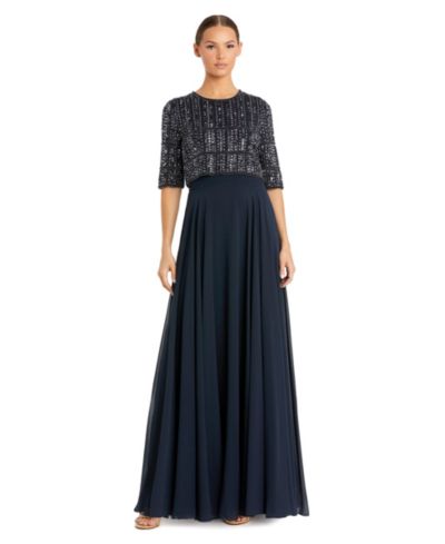 Mac Duggal Women's Chiffon Gown with Fully Beaded Quarter Sleeve Bodice