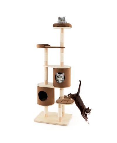 VEBREDA SUGIFT 6-Tier Wooden Cat Tree with 2 Removable Condos Platforms and Perch