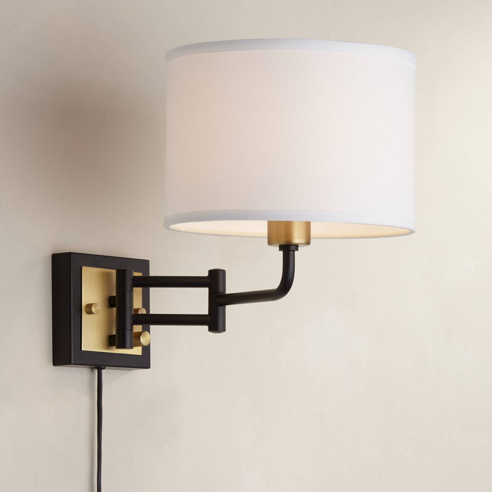 360 Lighting Joelle Modern Swing Arm Wall Lamp Brass Black Plug-in Light Fixture Fabric Drum Shade for Bedroom Bedside Living Room Reading Home House