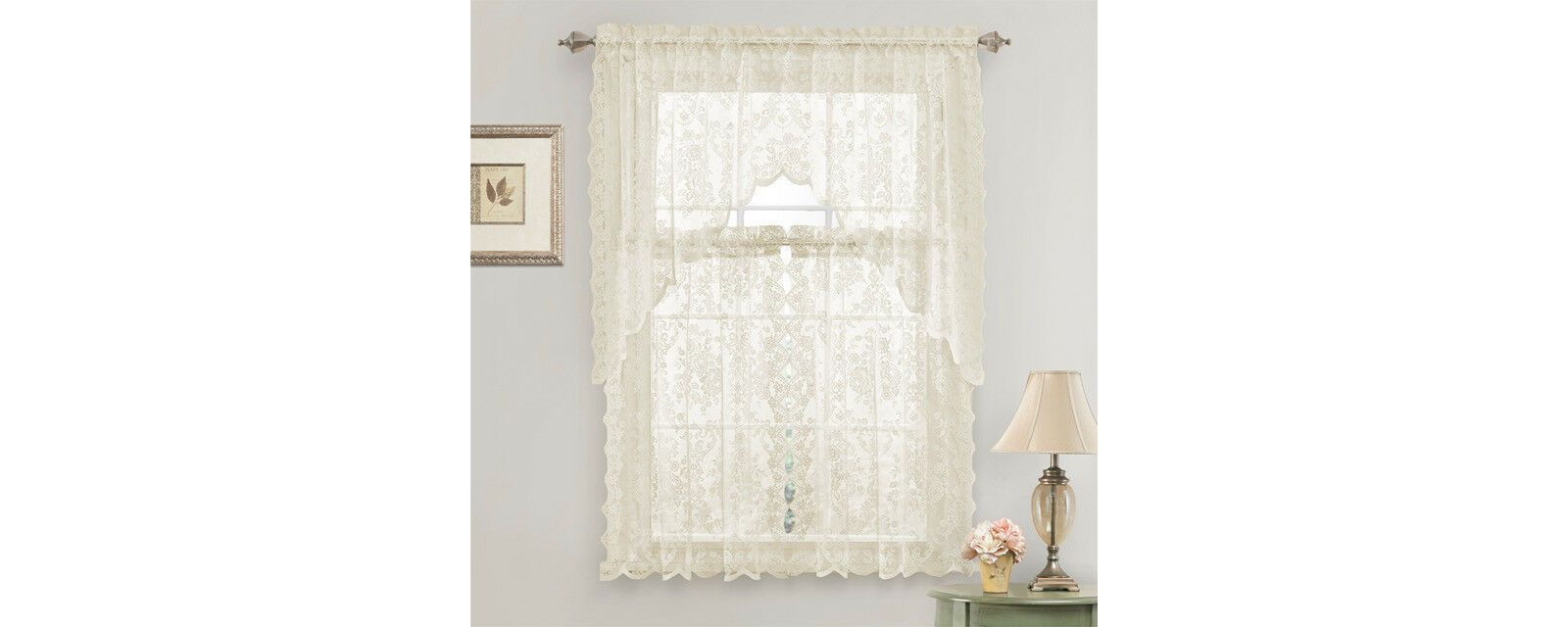 Kate Aurora Shabby Living Lena Floral Lace Complete Kitchen Curtain Tier and Swag Set