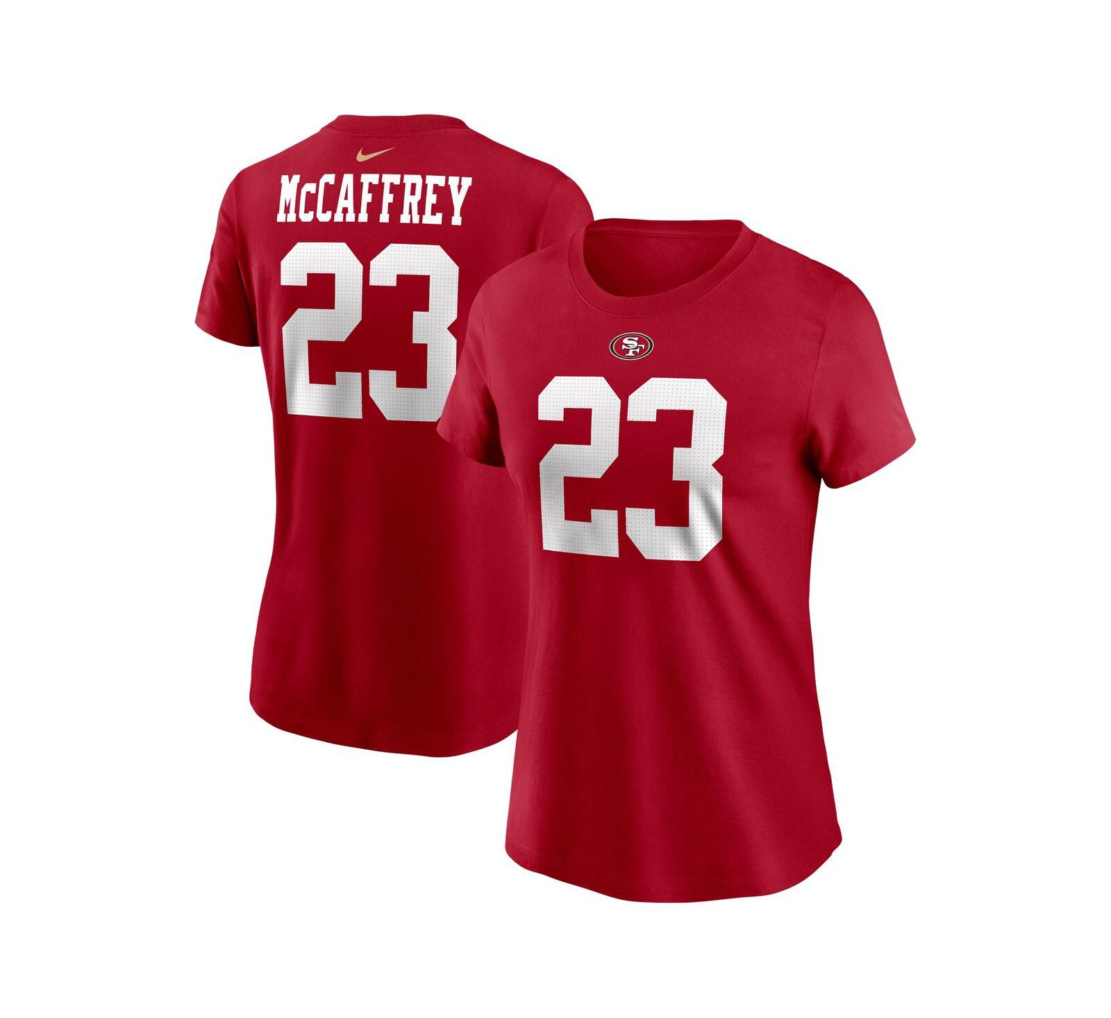 Women's Nike Christian McCaffrey Scarlet San Francisco 49ers Player Name and Number T-shirt