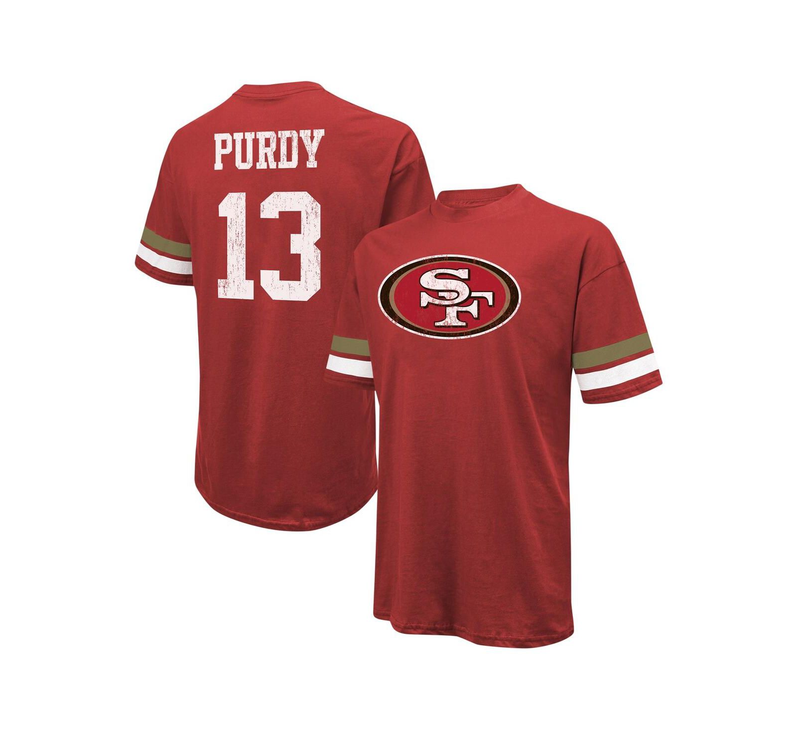 Men's Majestic Threads Brock Purdy Scarlet Distressed San Francisco 49ers Name and Number Oversize Fit T-shirt