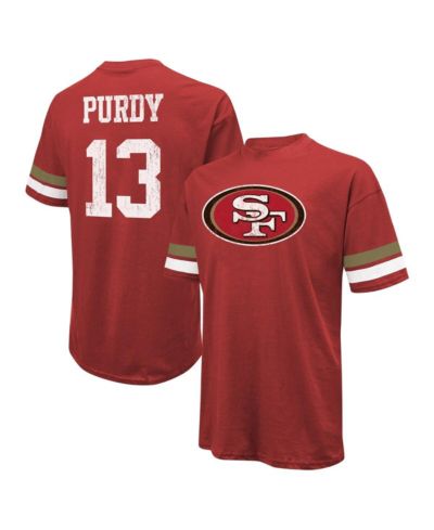 Мужская футболка Majestic Threads Brock Purdy Scarlet Distressed San Francisco 49ers Name and Number Oversize Fit