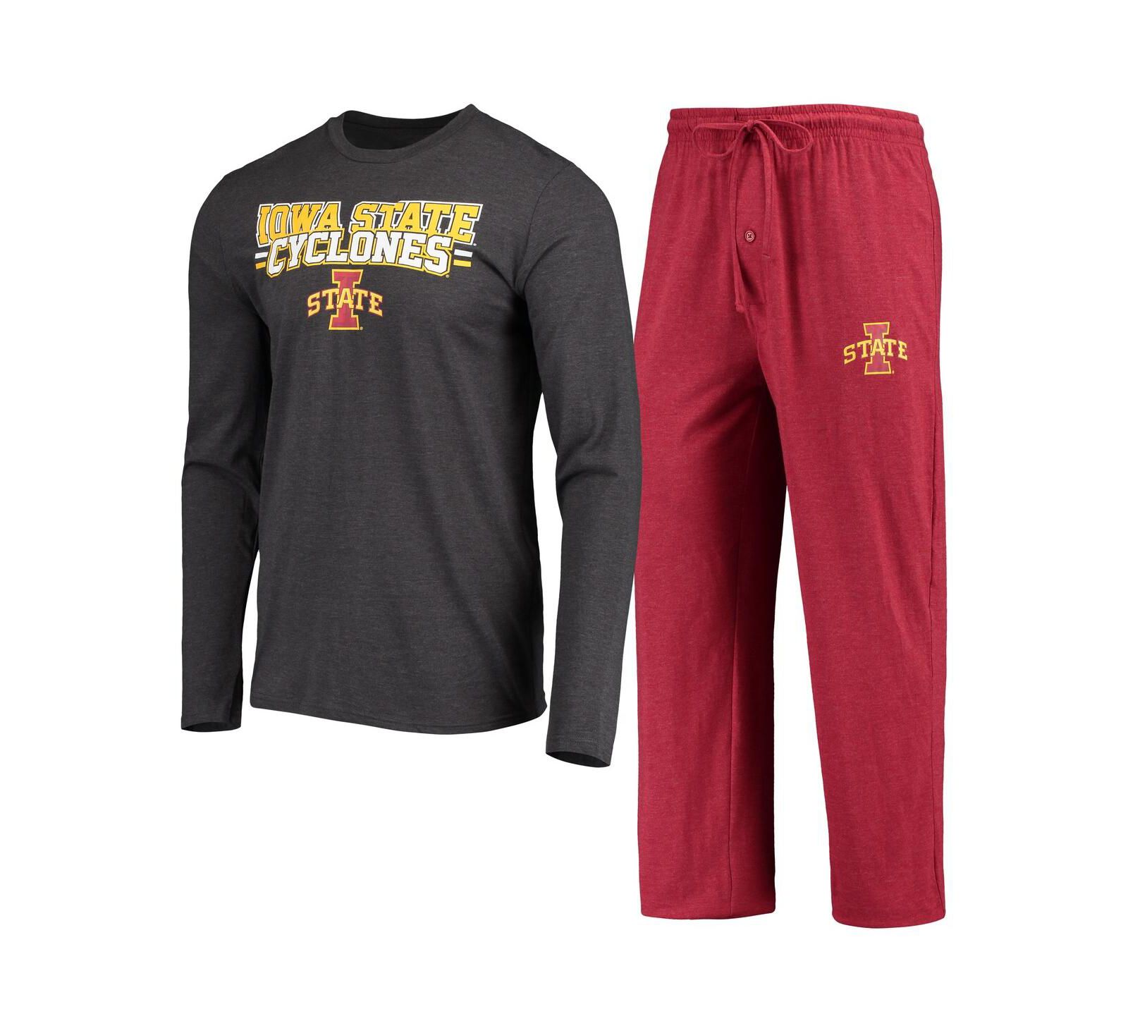Men's Concepts Sport Cardinal, Heathered Charcoal Distressed Iowa State Cyclones Meter Long Sleeve T-shirt and Pants Sleep Set