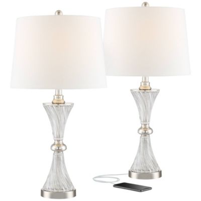 Regency Hill Luca Modern Table Lamps 25 1/2" High Set of 2 Twisted Glass with USB Charging Port Drum Shade for Bedroom Living Room Office Desk