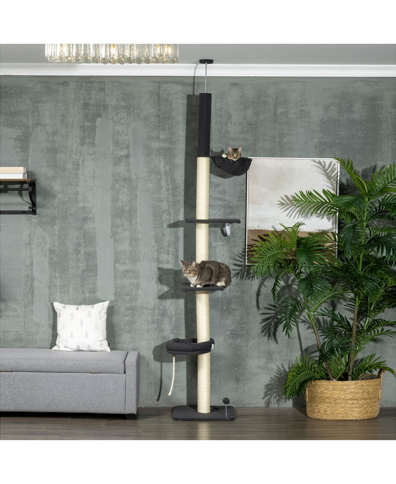 Кошачий игровой комплекс PawHut Floor To Ceiling, 5-Tier Climbing Tower, 95''-106'' Height Adjustable, Black and Cream