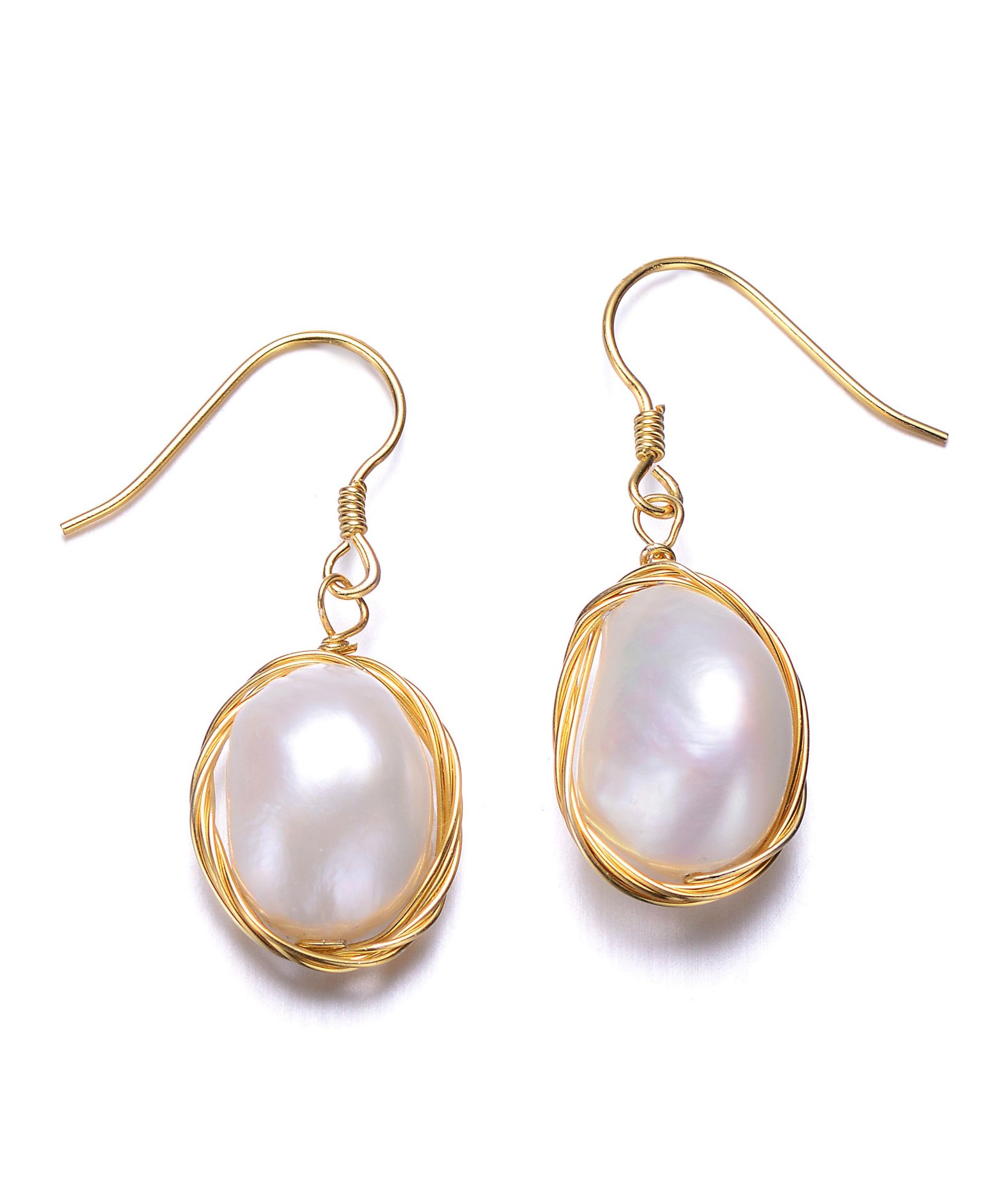 Серьги Genevive Unique Sterling Silver 14K Gold Plated Pearl Fish Hook