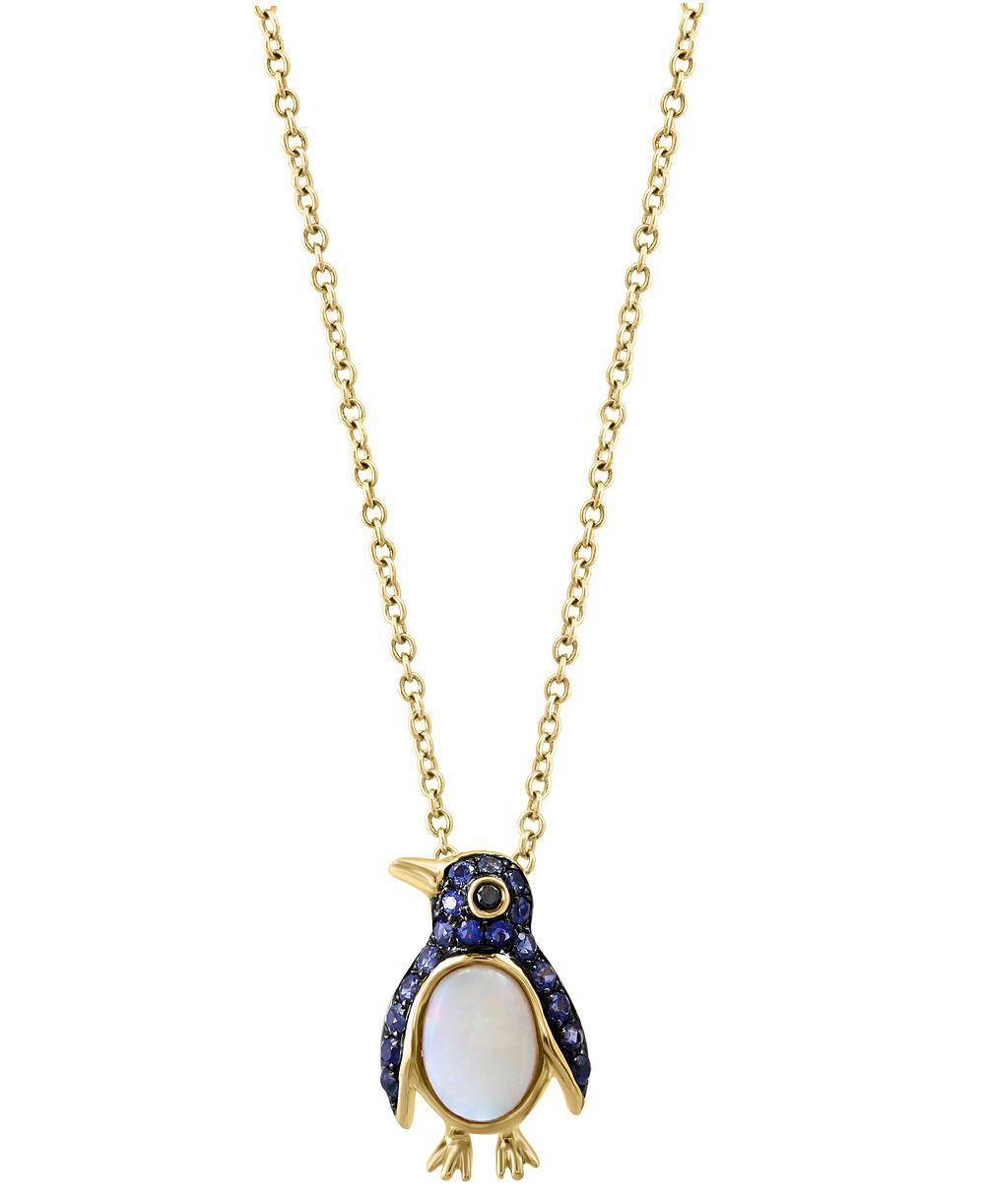 Подвеска EFFY® Sapphire (1/3 ct. t.w), Opal (1/2 ct. t.w.) & Black Diamond Accent Penguin 18" в 14k Gold