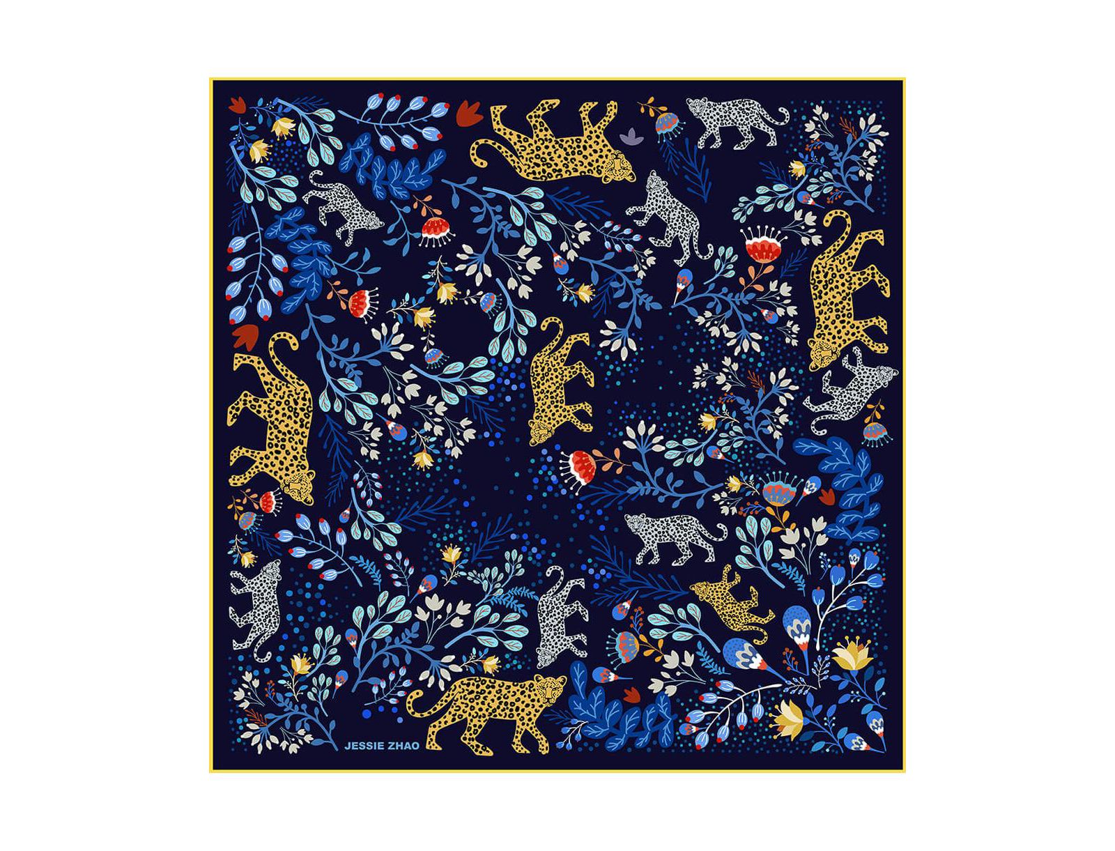 Jessie Zhao New York Шелковый шарф Double Sided Blue Amazon Rainforest Journey