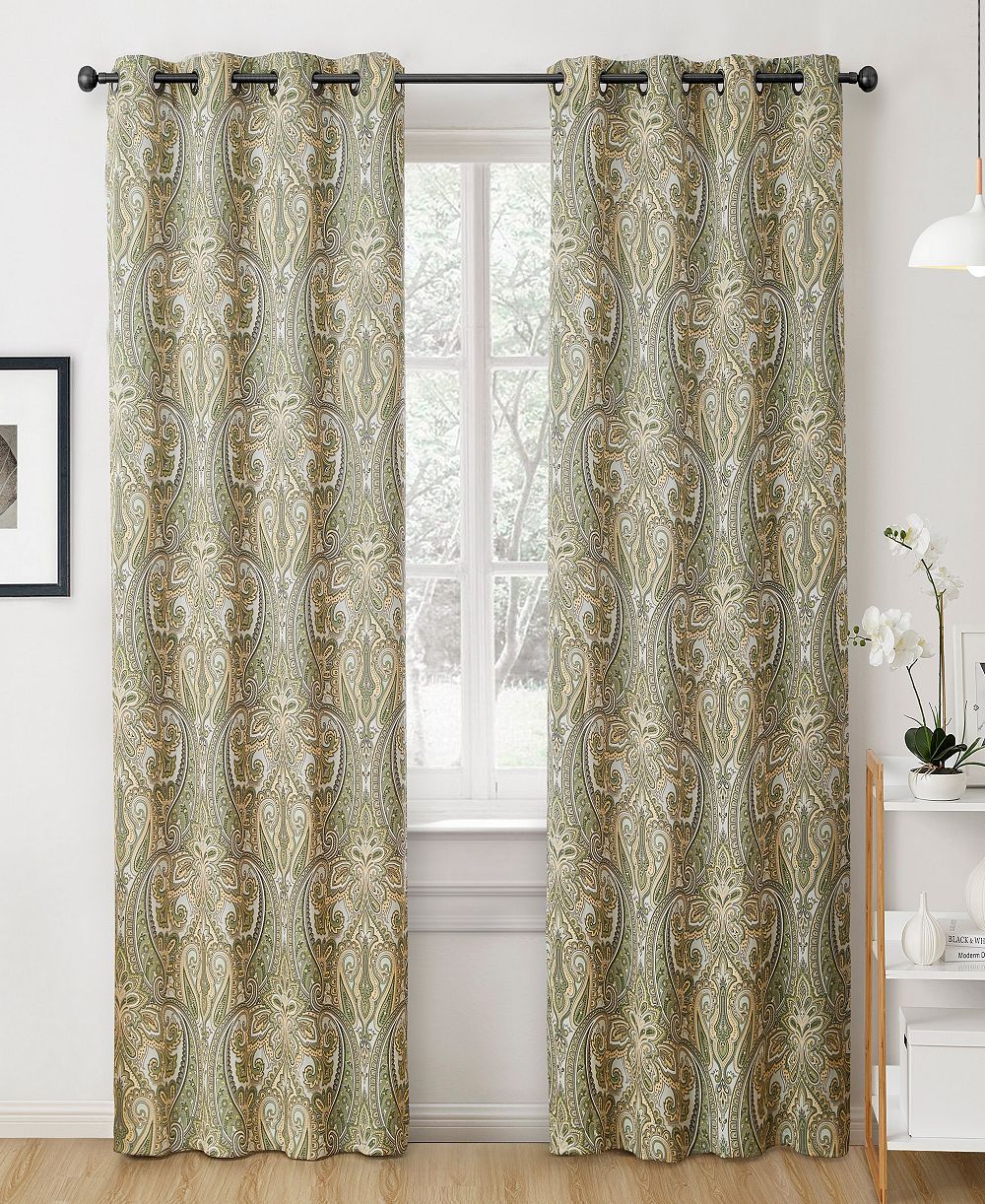 HLC.ME Paris Paisley Decorative Print Damask Pattern Light Reducing Filtering Grommet Window Curtain Panels, Set of 2 (Sage green, 50 W x 84 L