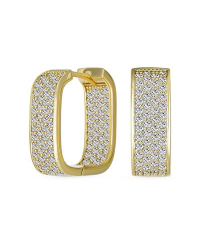 Bling Jewelry Elegant Pave CZ Inside Out Wide Rectangle Huggie Hoop Earrings Gold Plated