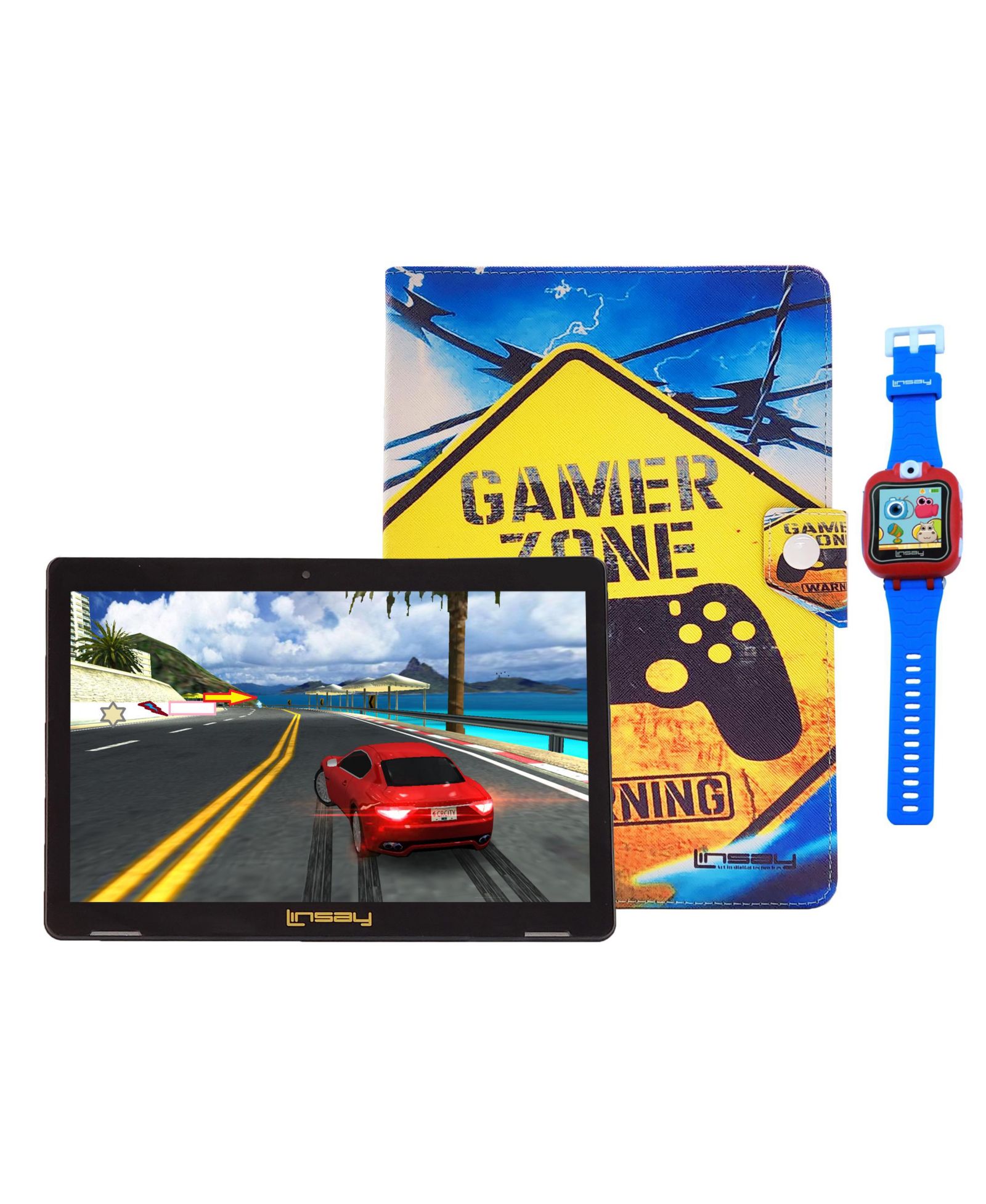Планшет LINSAY 10.1" Octa Core 128GB с чехлом и смарт-часами для детей Android 15 синий