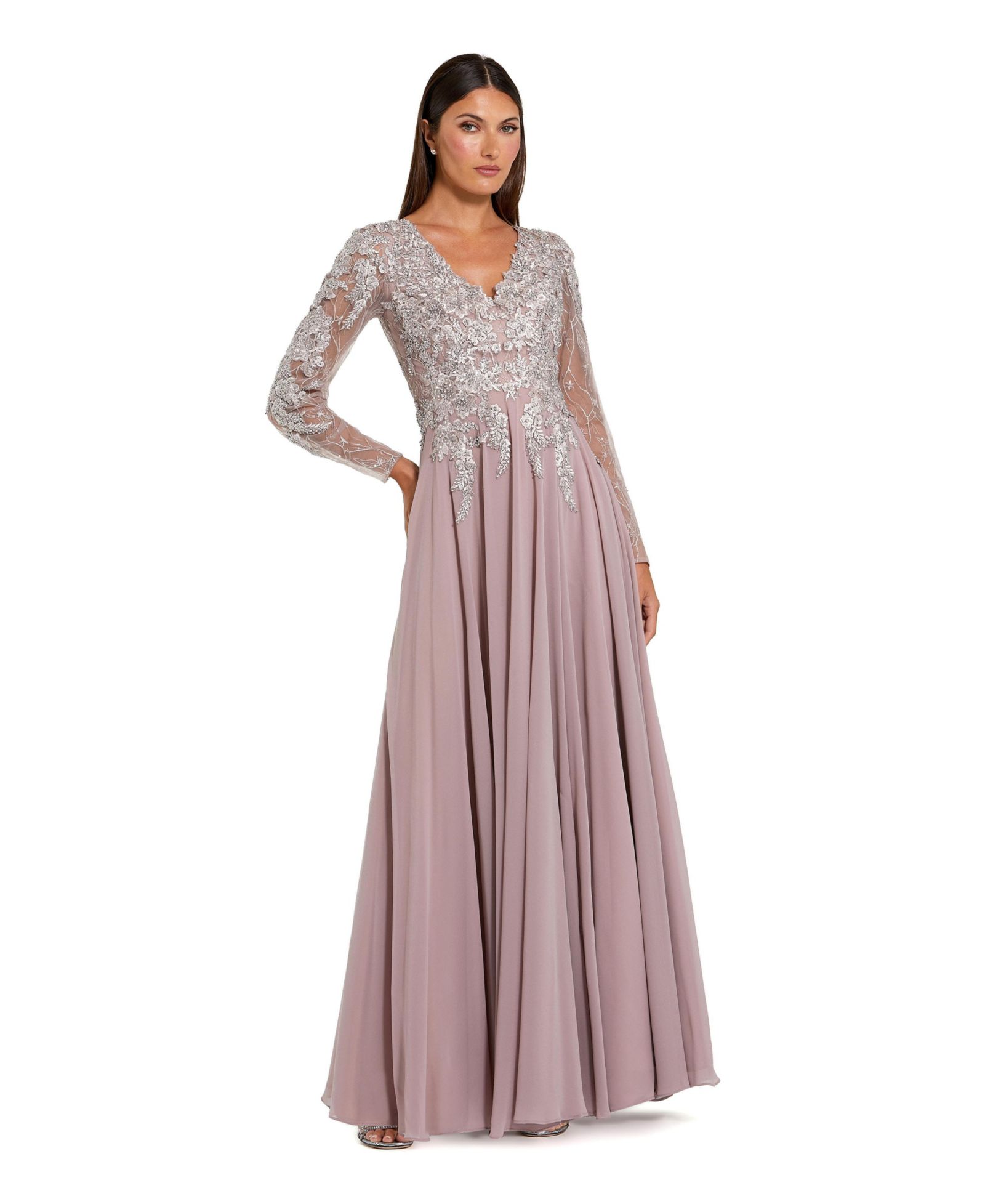 Mac Duggal Женское вечернее платье A-line Floral Embroidered Illusion V-neck
