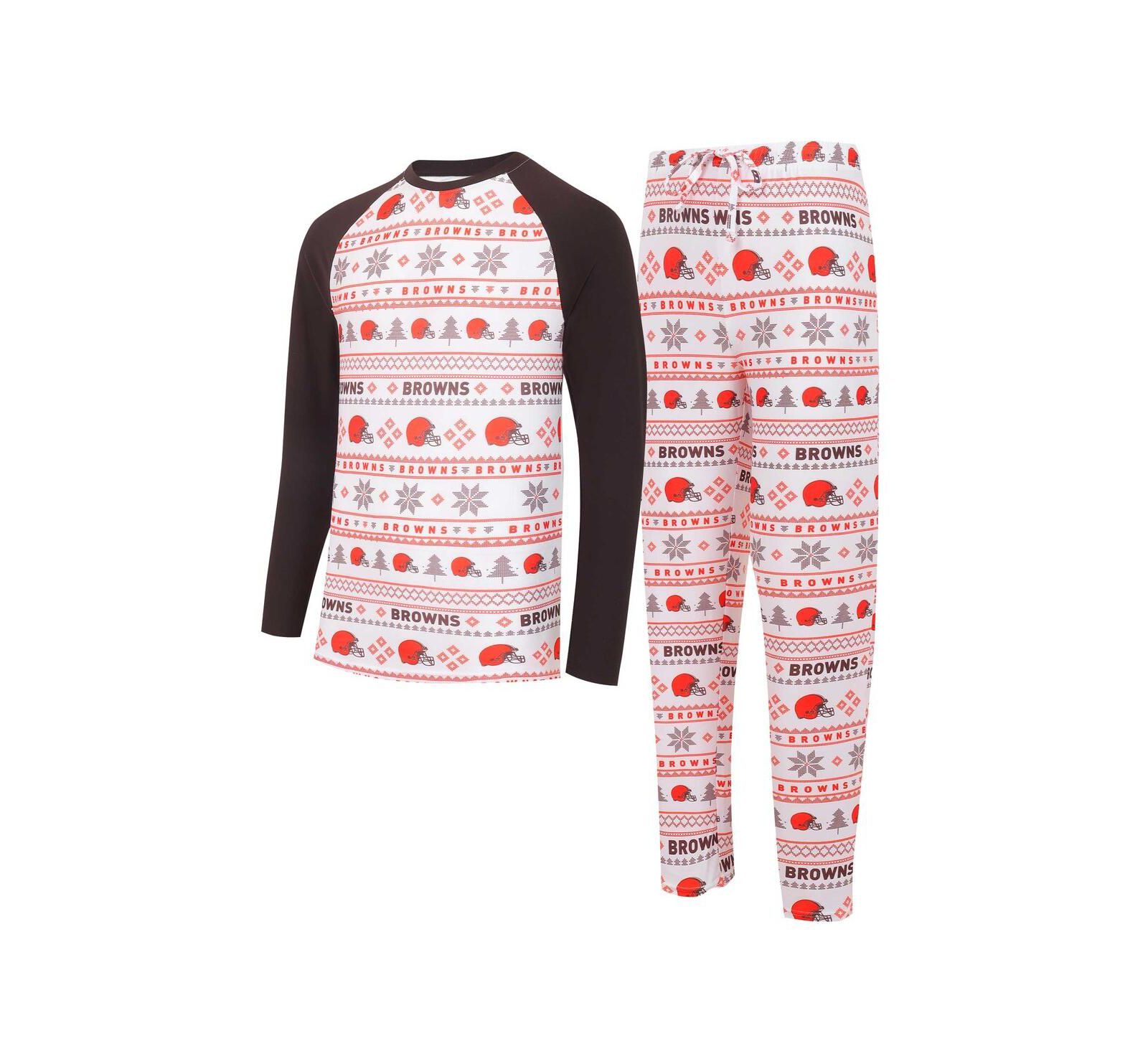 Men's Concepts Sport White, Brown Cleveland Browns Tinsel Raglan Long Sleeve T-shirt and Pants Sleep Set