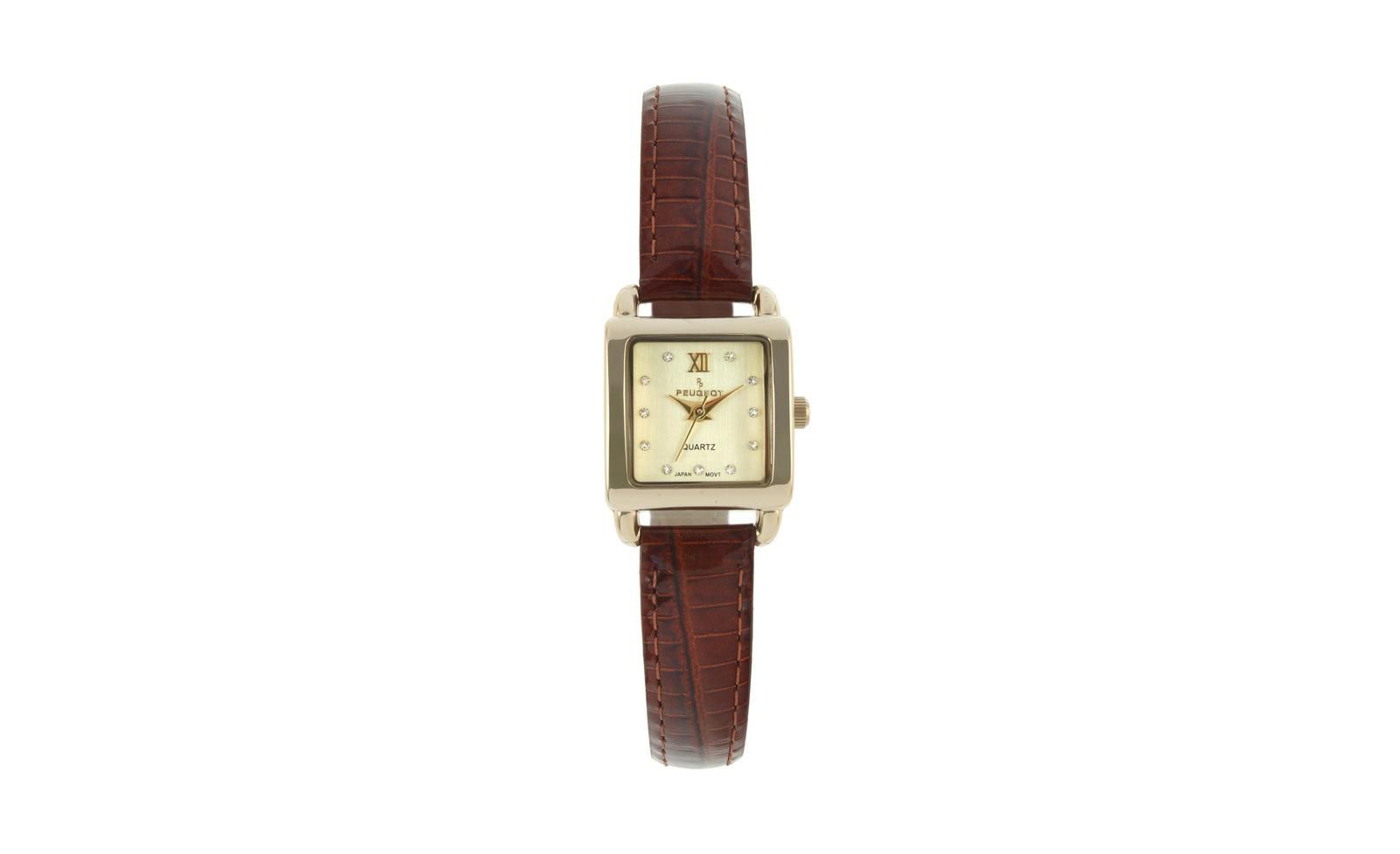 Peugeot Women's 20mm Square Watch with Glossy Brown Leather Strap