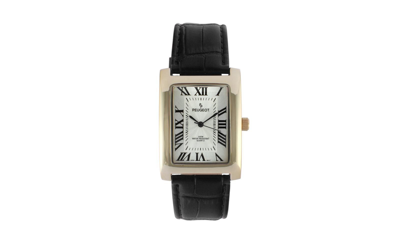 Peugeot Men's 43x30 mm Black Vintage Like Tank Leather Strap Watch