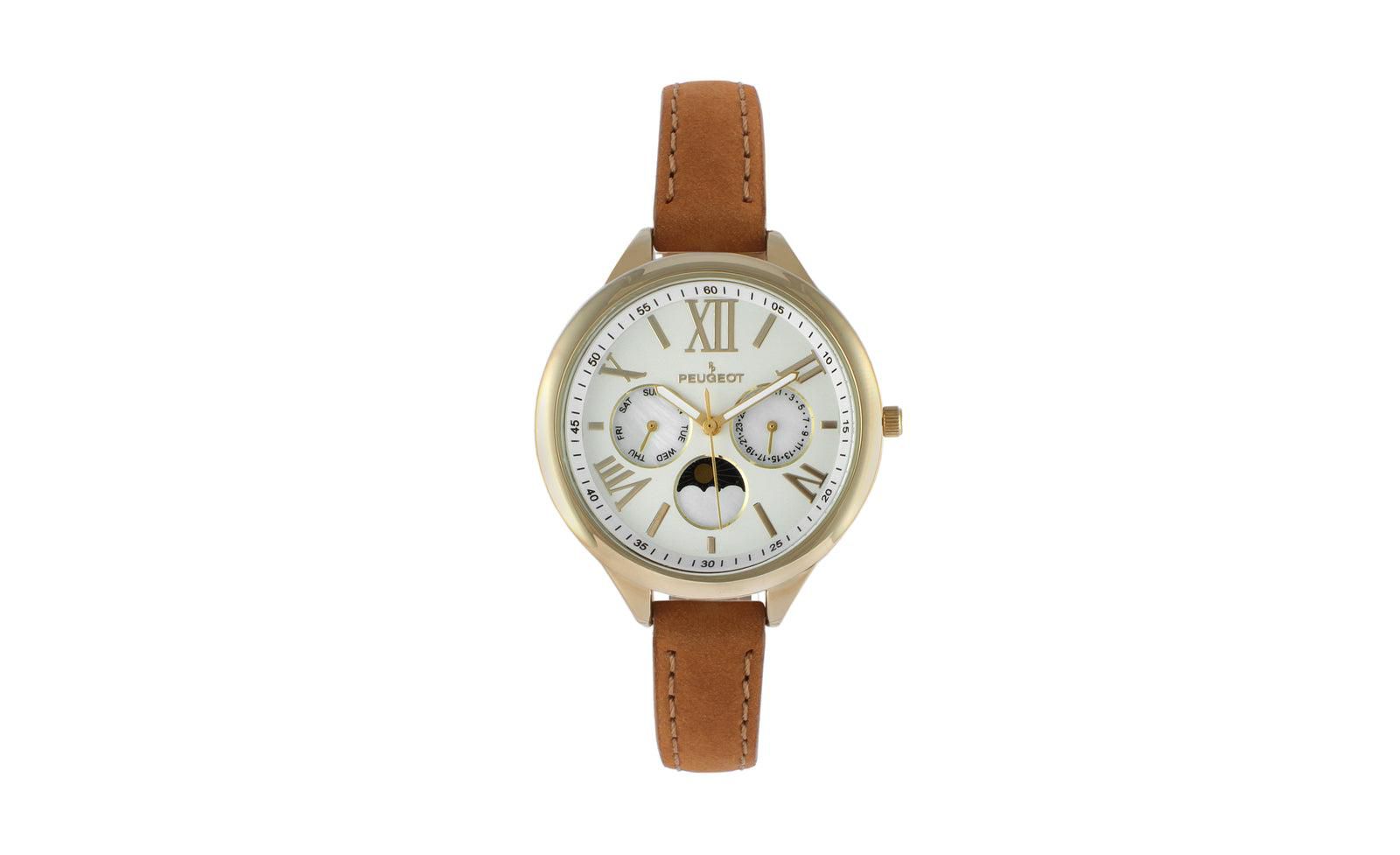 Peugeot Women 38mm Watch Multi Function Suede Leather Strap