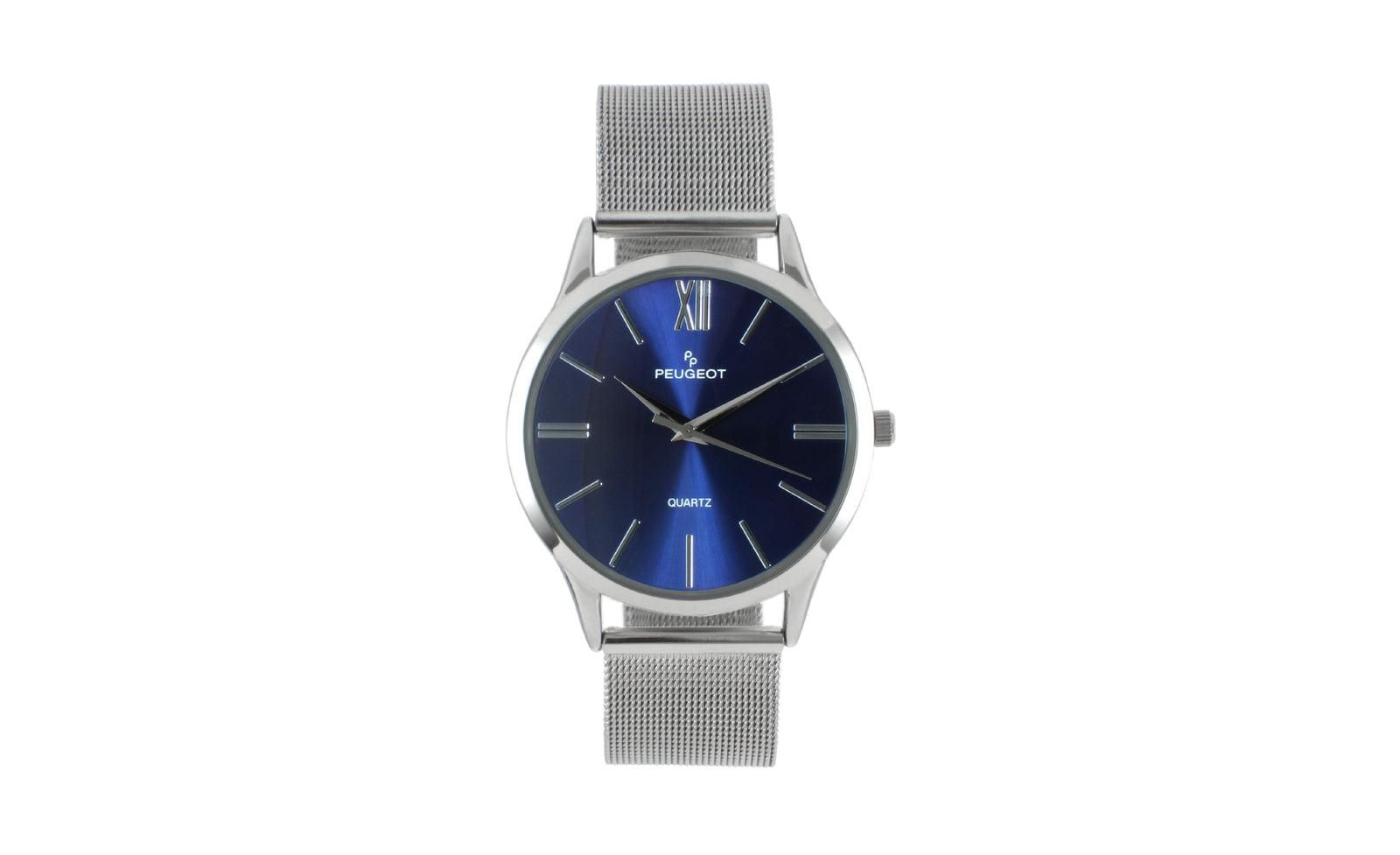 Мужские часы Peugeot 40mm Blue Dial Slim Case Stainless Steel Mesh