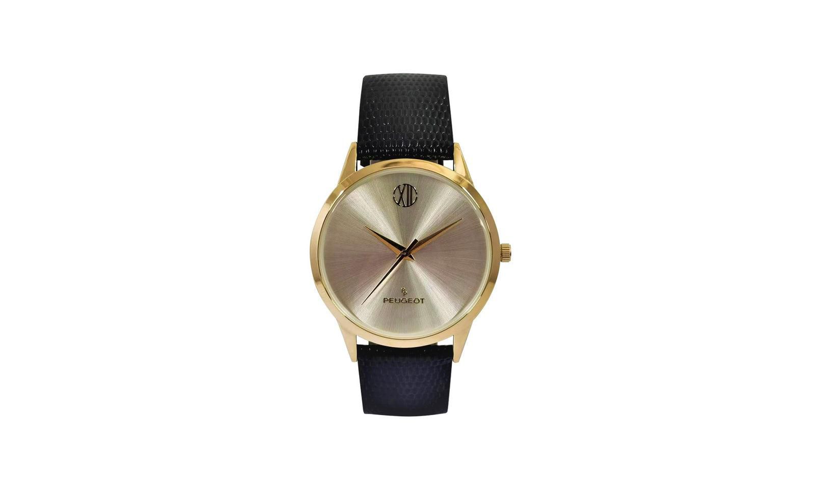 Мужские часы Peugeot 40mm Wafer Slim, круглый корпус с золотым напылением, шампань