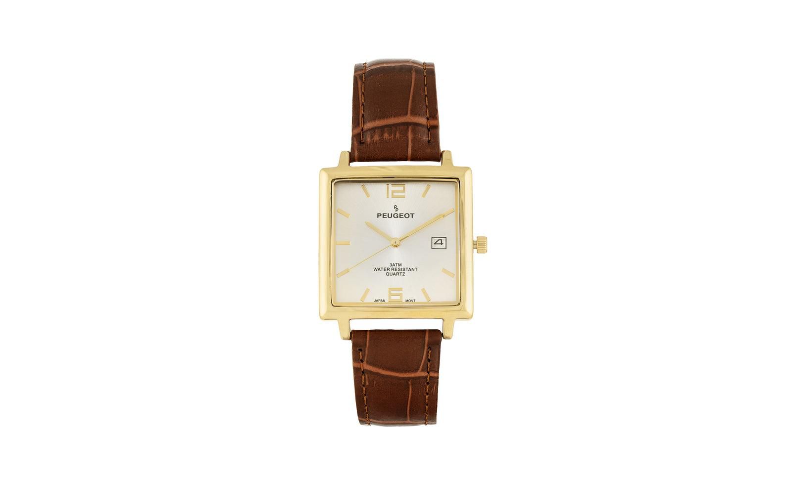 Peugeot Men's 35mm 14K Gold Plated Square Watch with Brown leather Strap