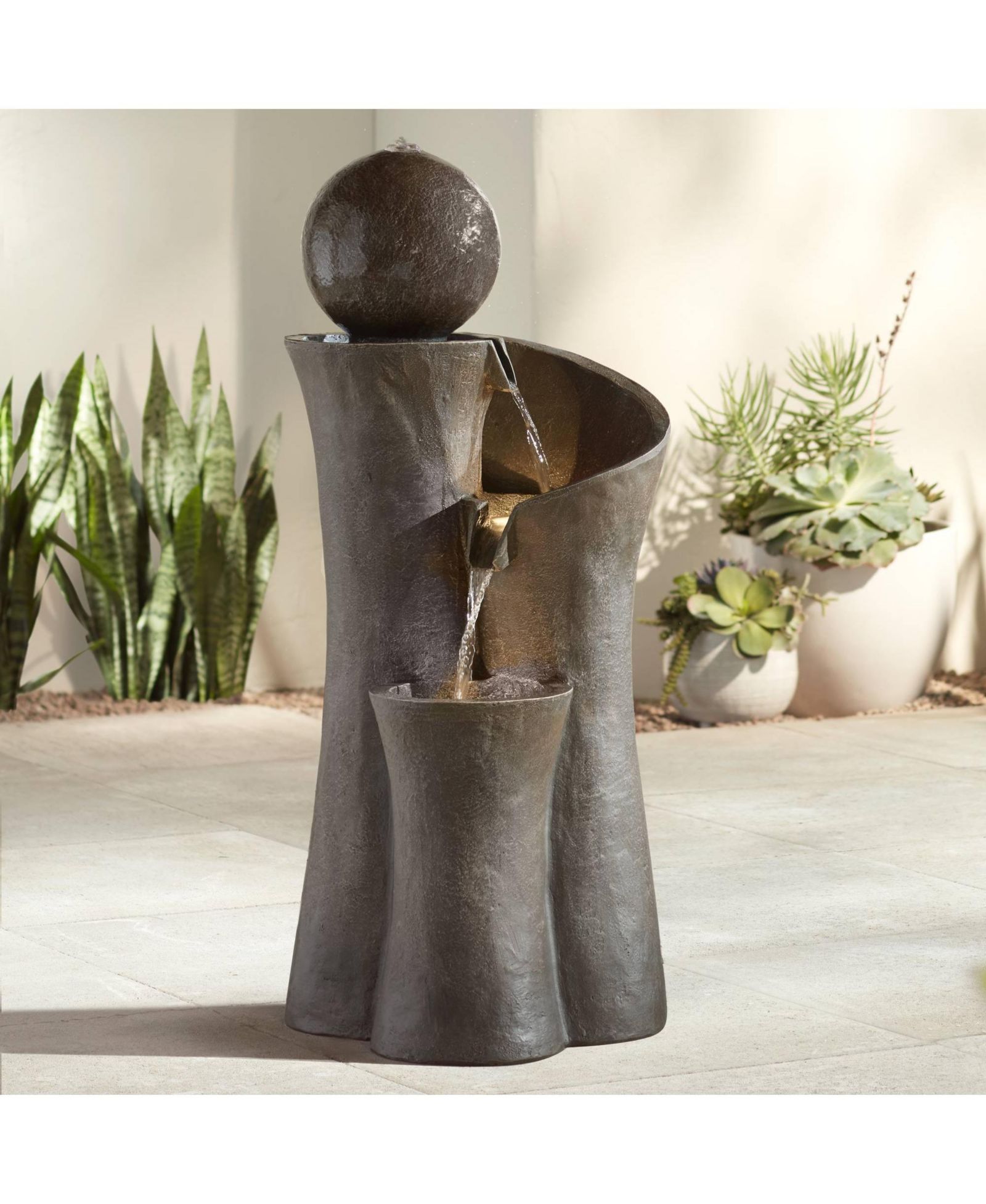 Sphere Curve 39 1/2" High Large Modern Zen Indoor Outdoor Decor Faux Stone Floor Fountain with Light LED