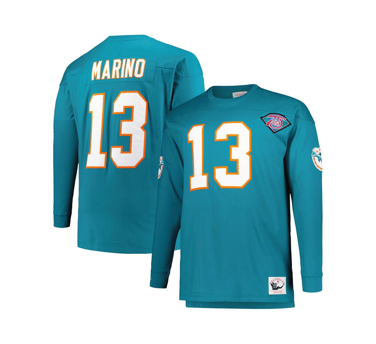 Men's Mitchell & Ness Dan Marino Aqua Miami Dolphins Big and Tall Cut and Sew Player Name and Number Long Sleeve T-shirt