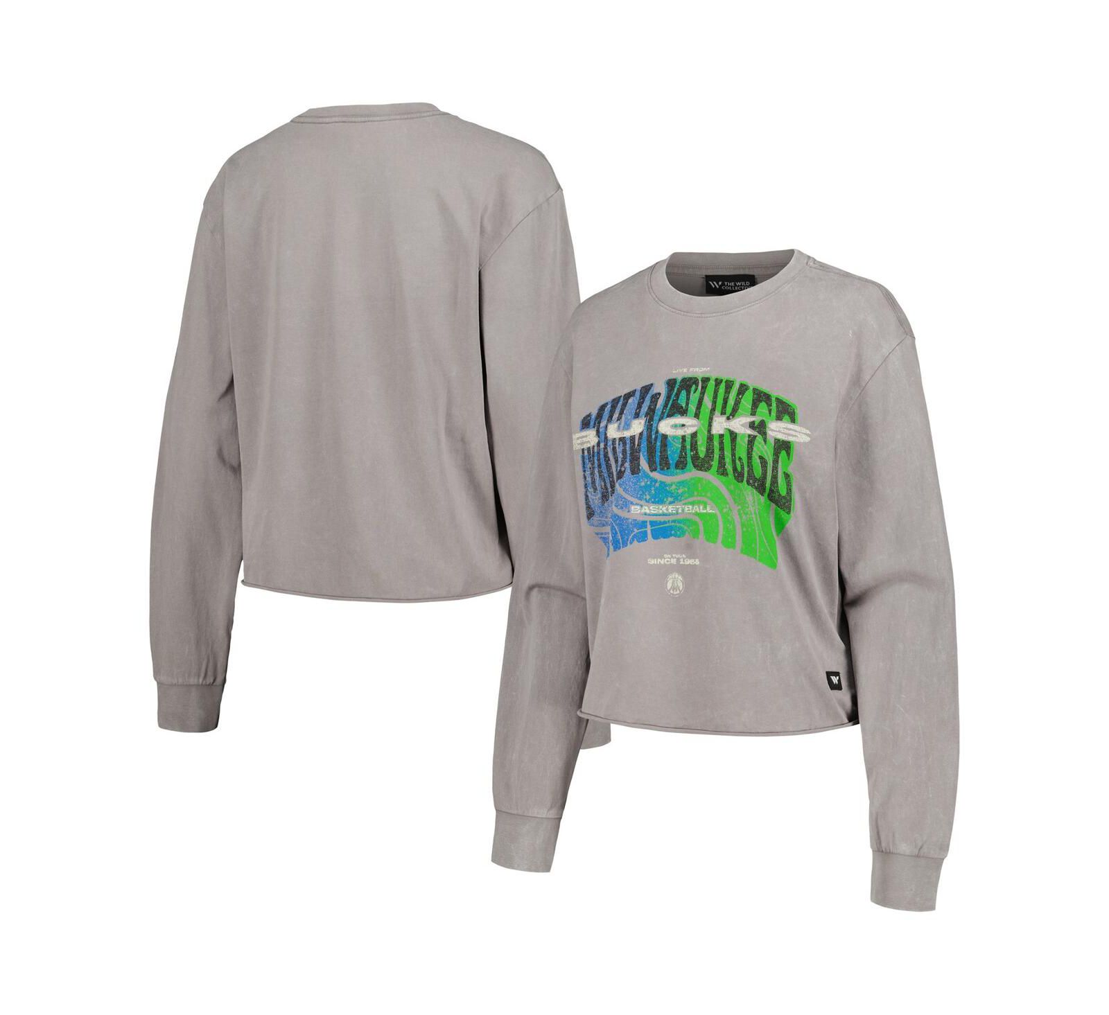 Women's The Wild Collective Gray Distressed Milwaukee Bucks Band Cropped Long Sleeve T-shirt