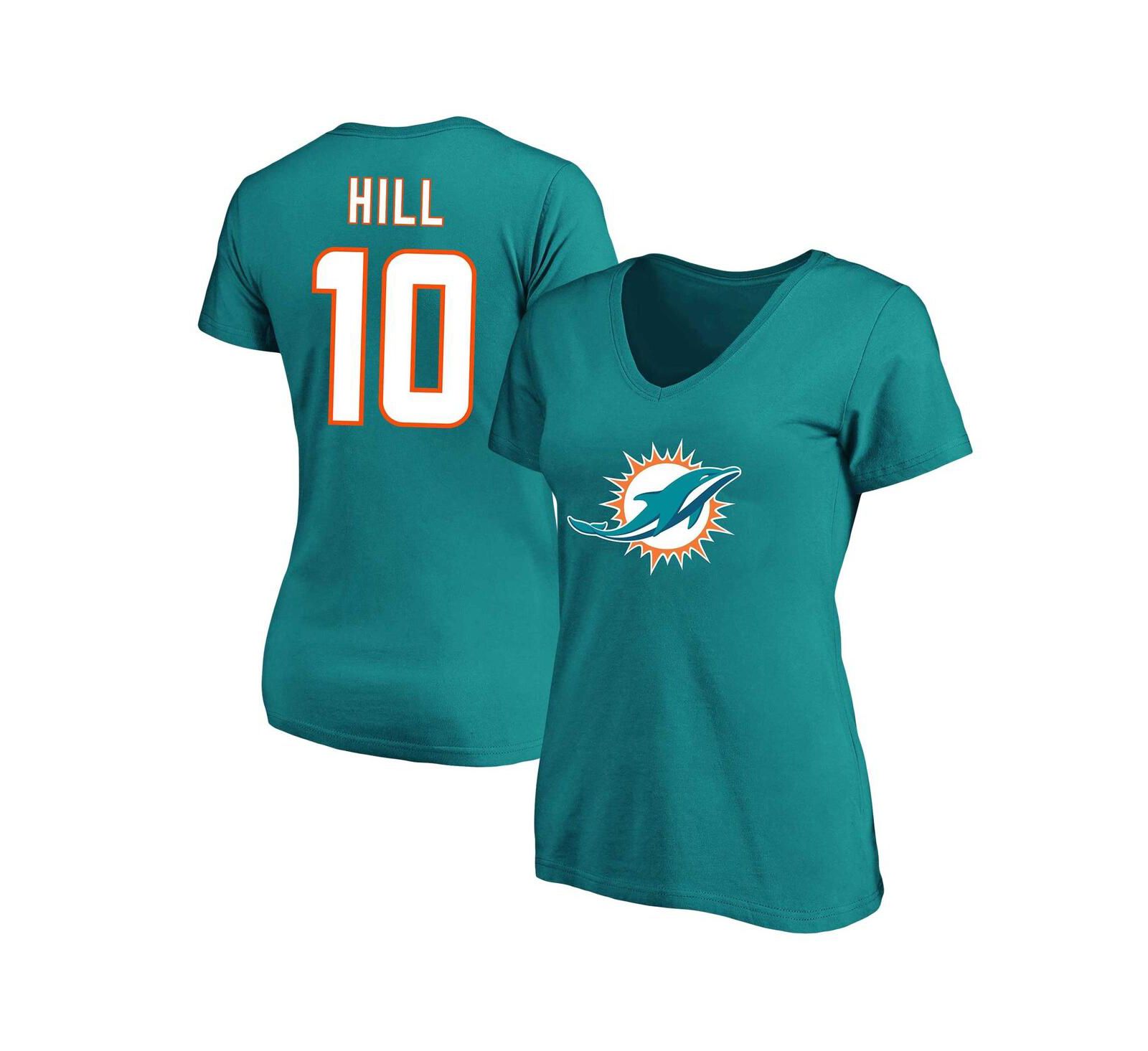 Женская футболка Tyreek Hill Aqua Miami Dolphins Plus Size с именем и номером и V-образным вырезом
